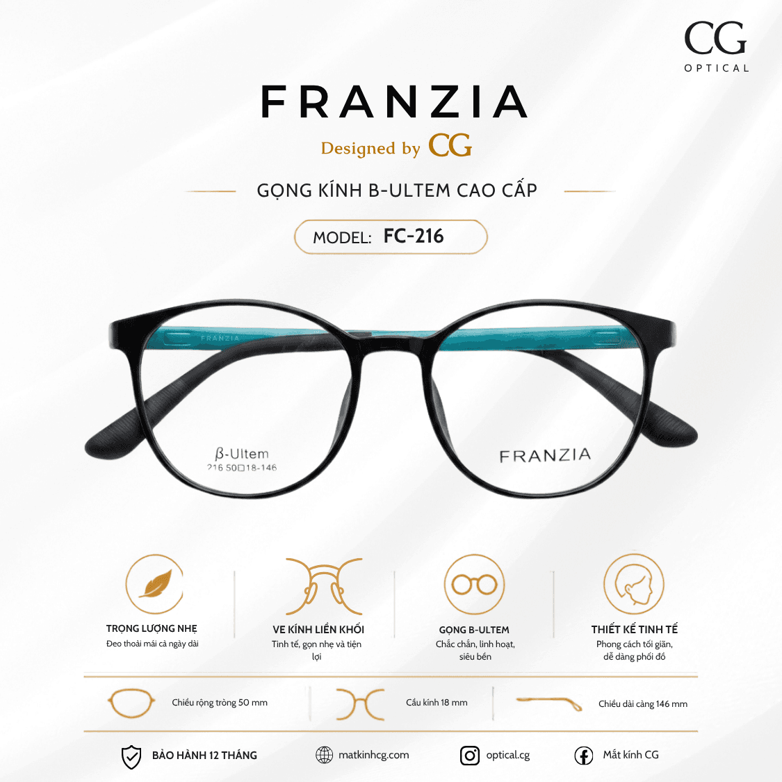 FRANZIA - Gọng kính B-Ultem Cao Cấp - Mã FC216