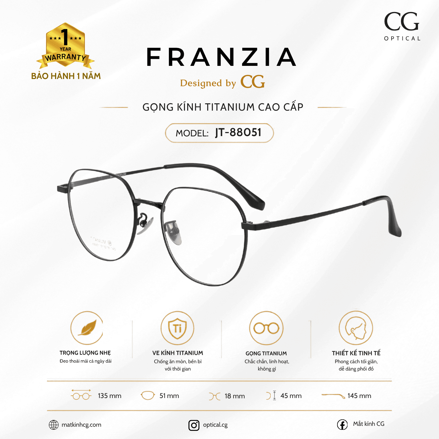 FRANZIA - Gọng kính Titanium - Thời Trang Mã JT_88051