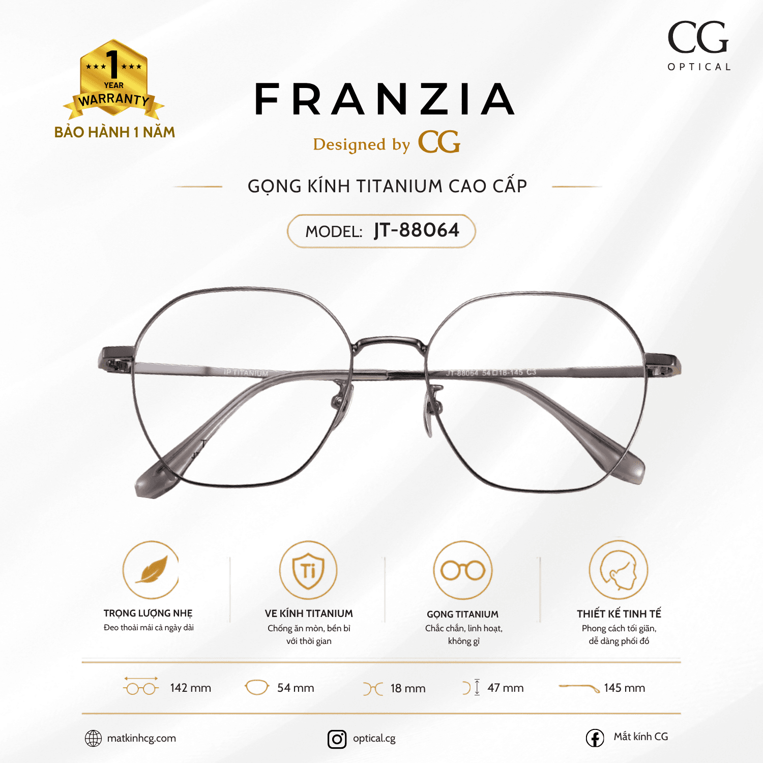 FRANZIA - Gọng kính Titanium - Unisex Thời Trang Mã JT_88064