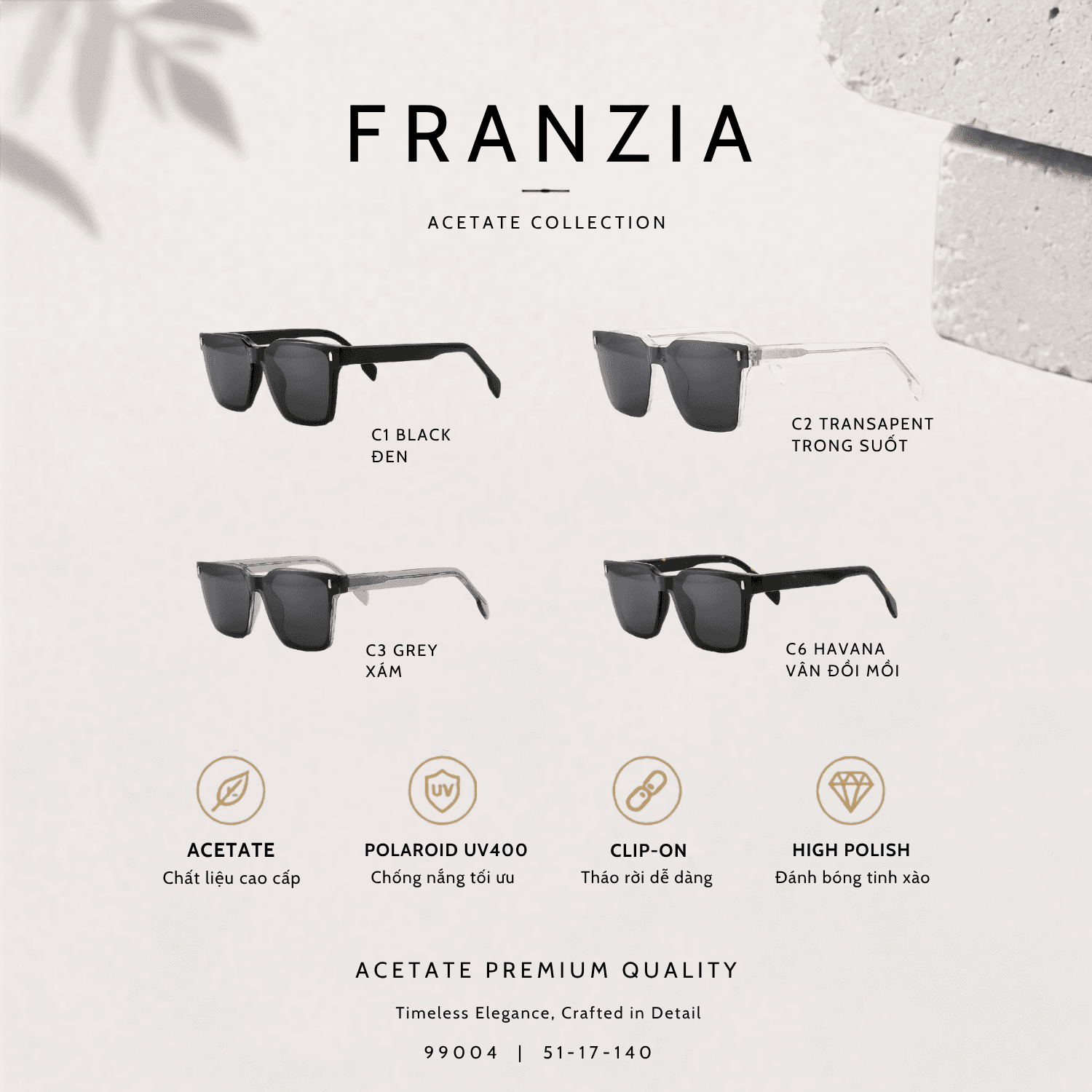 Kính Mát Clip-On FRANZIA Acetate Handmade Cao Cấp - Mã Gọng 99004
