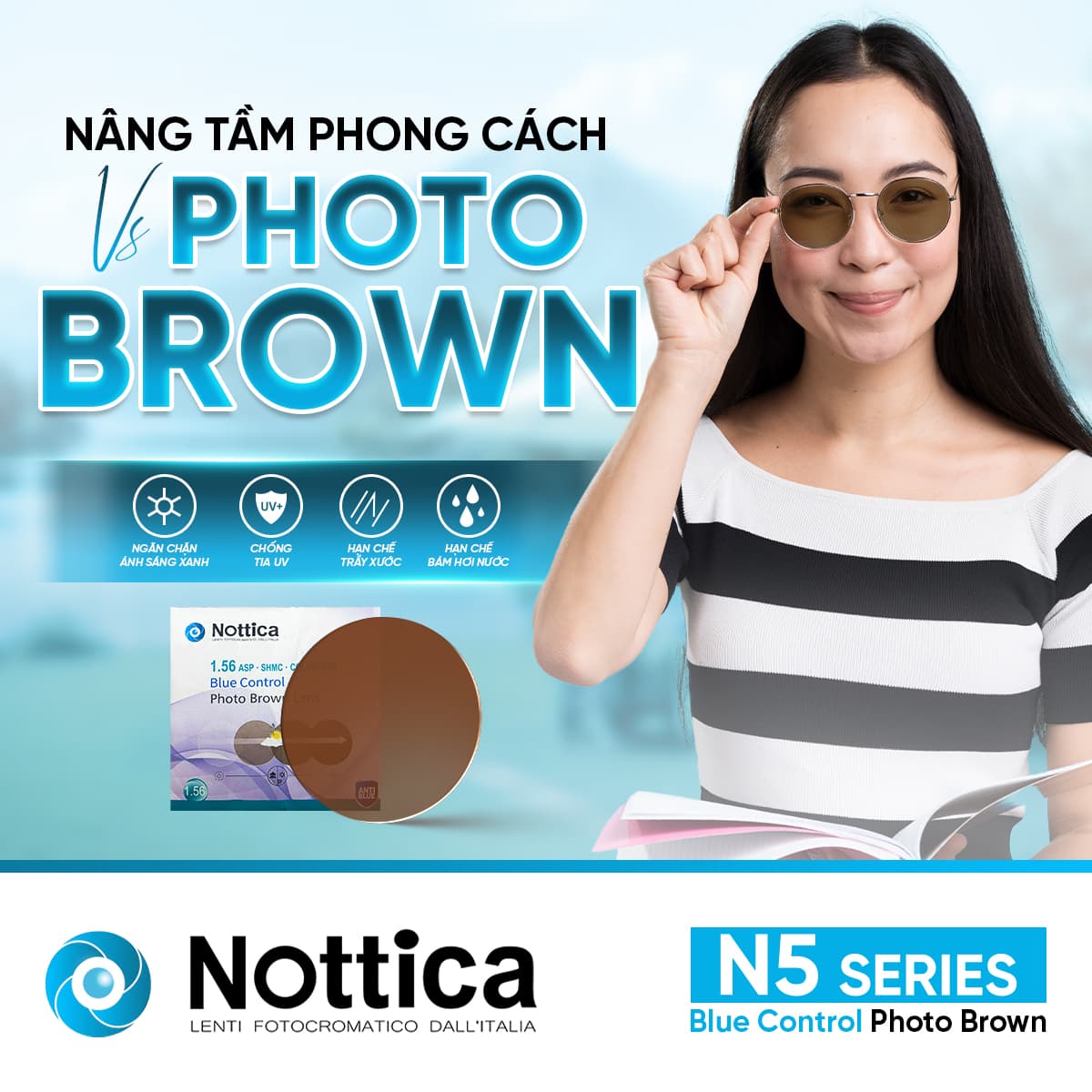 Tròng Kính Nottica 1.56 ASP Đổi Màu Trà - Chống Ánh Sáng Xanh N5 Jelly Series