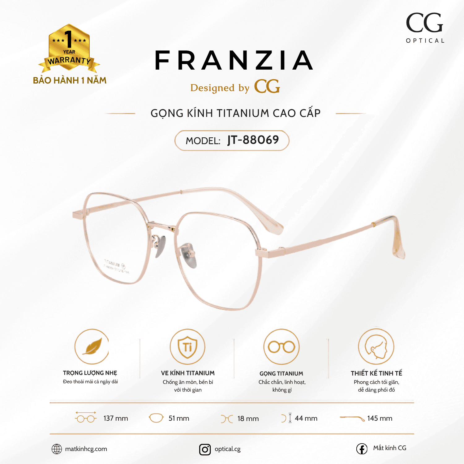 FRANZIA - Gọng kính Titanium - Unisex Thời Trang Mã JT_88069