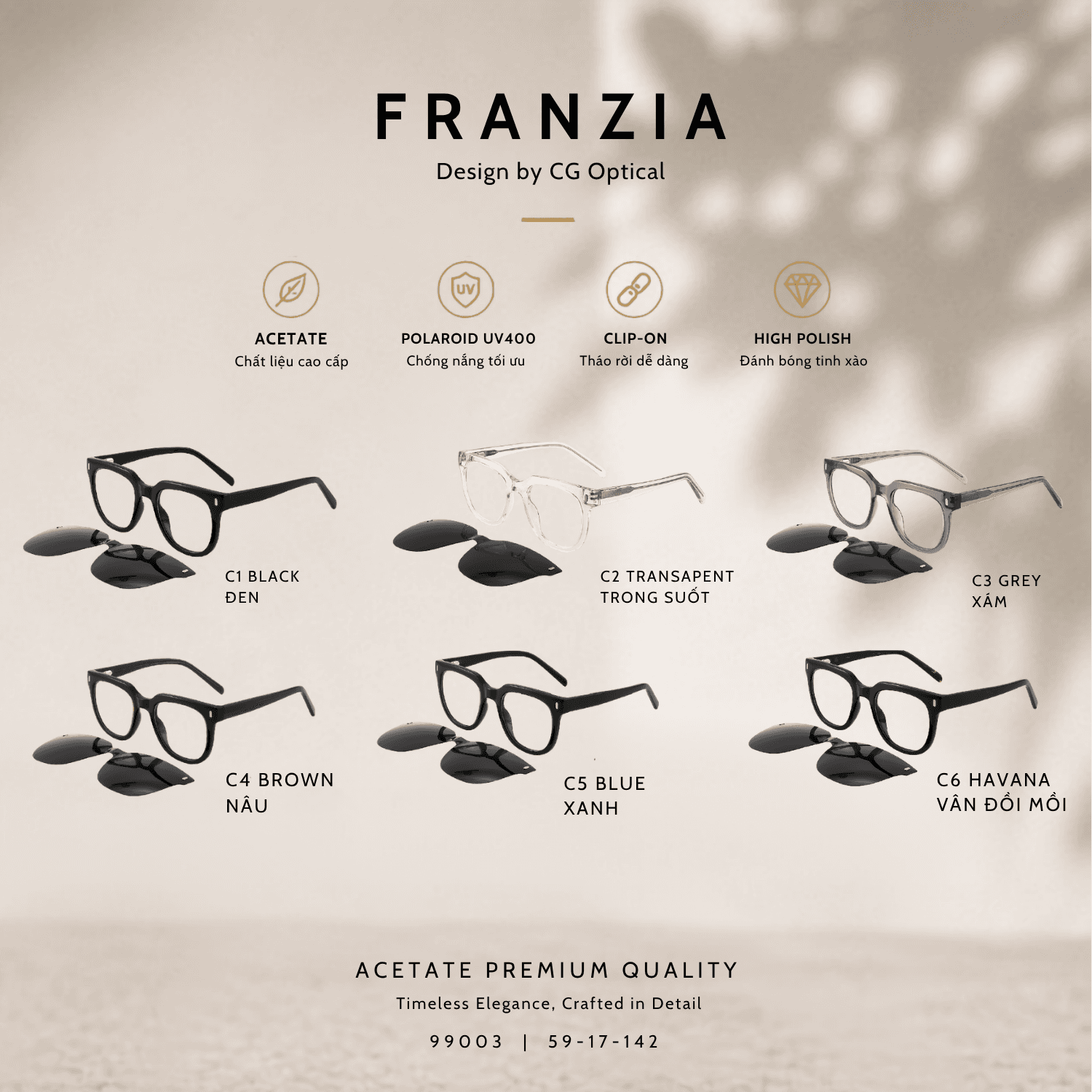 Kính Mát Clip-On FRANZIA Acetate Handmade Cao Cấp - Mã Gọng 99003