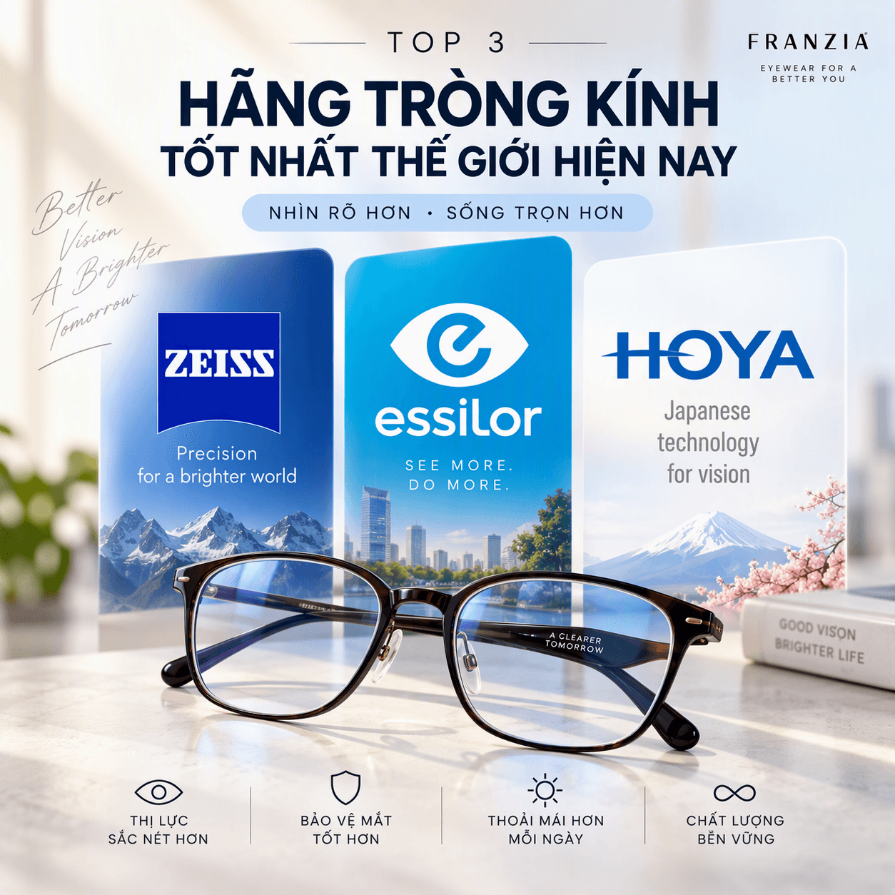 Top 3 thương hiệu tròng kính hàng đầu thế giới hiện nay: ZEISS, Essilor và HOYA
