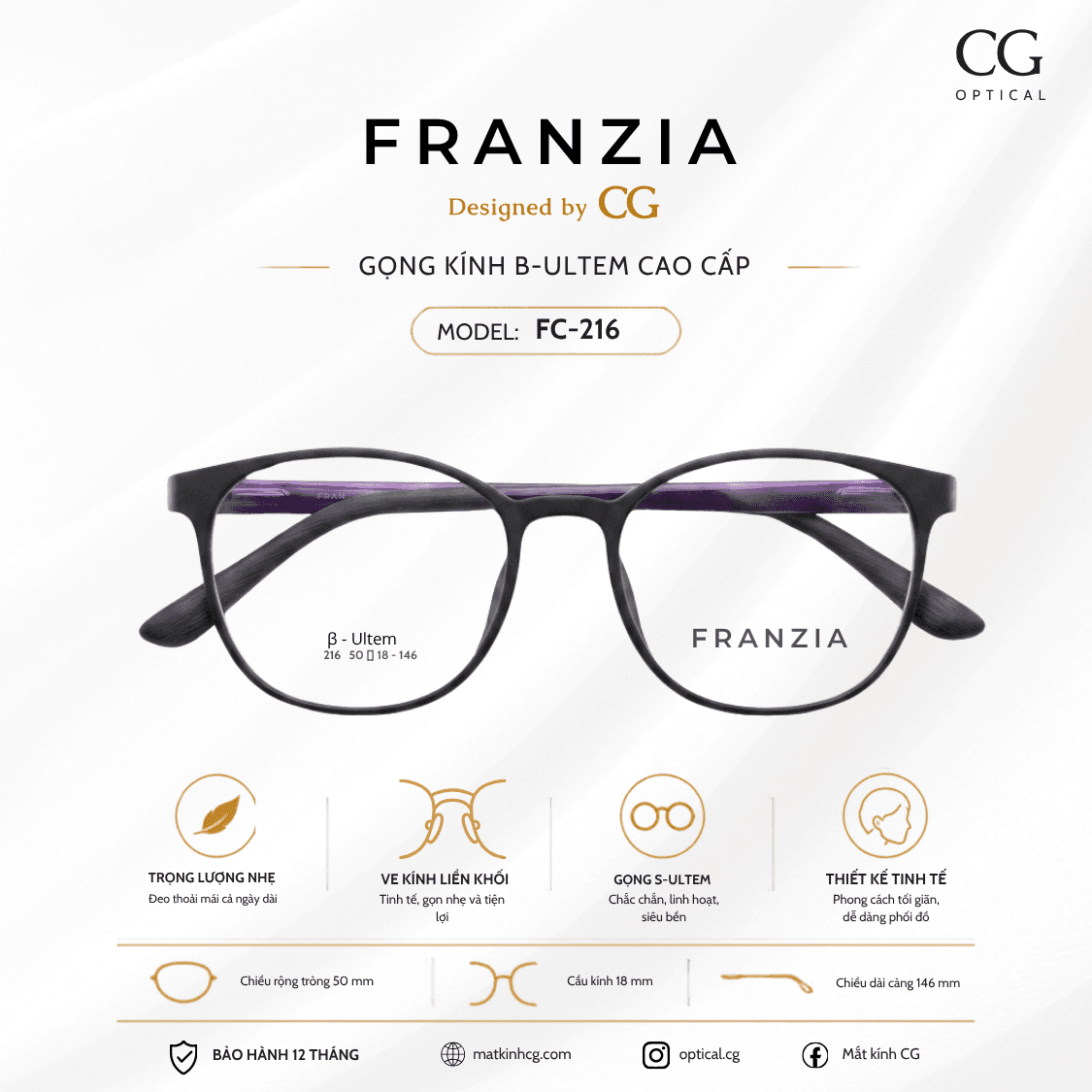 FRANZIA - Gọng kính B-Ultem Cao Cấp - Mã FC216