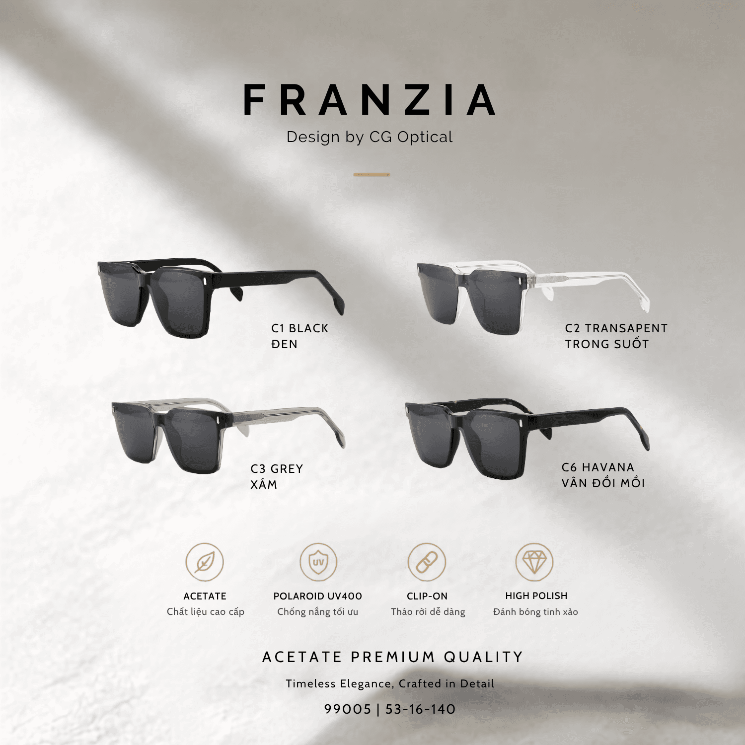 Kính Mát Clip-On FRANZIA Acetate Handmade Cao Cấp - Mã Gọng 99004