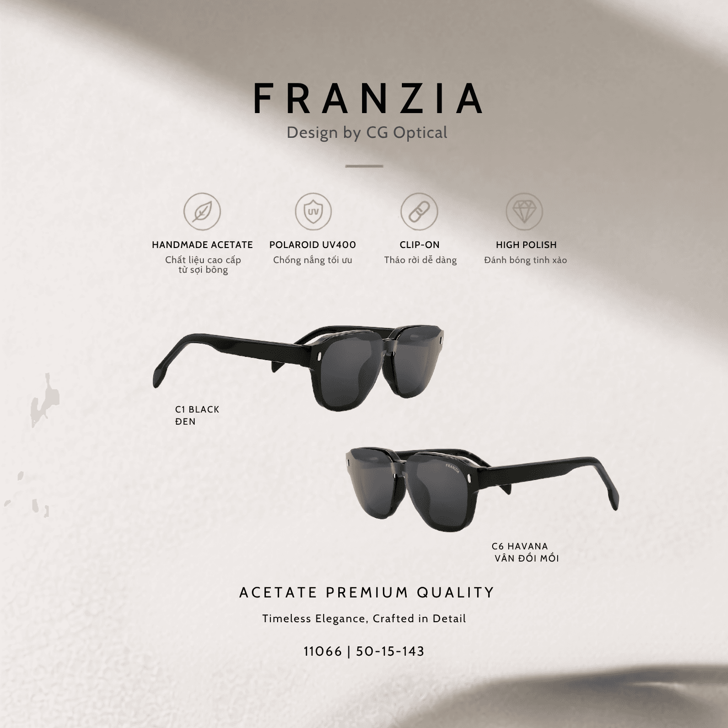 Kính Mát Clip-On FRANZIA Acetate Handmade Cao Cấp - Mã Gọng 11066 