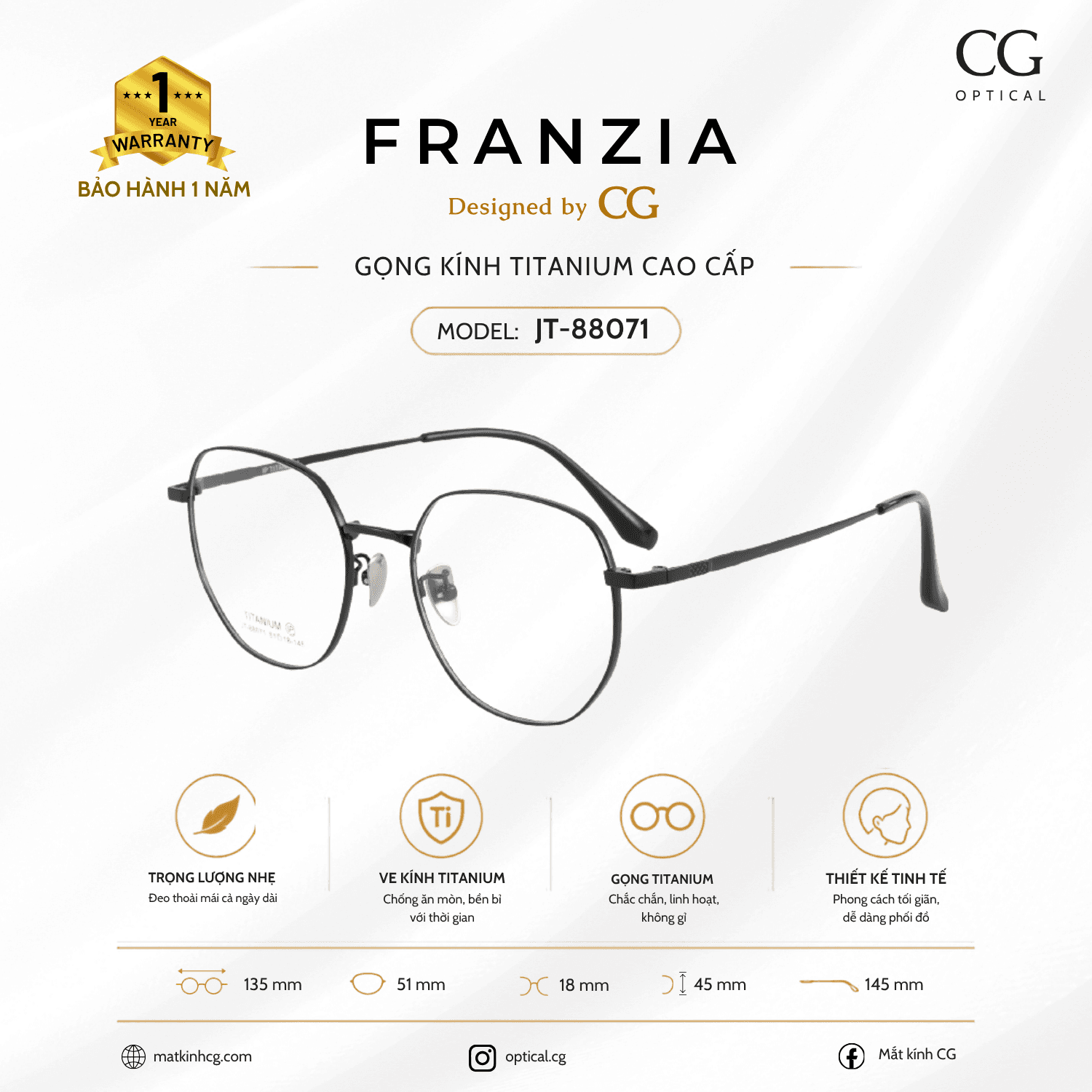FRANZIA - Gọng kính Titanium - Unisex Thời Trang Mã JT_88071