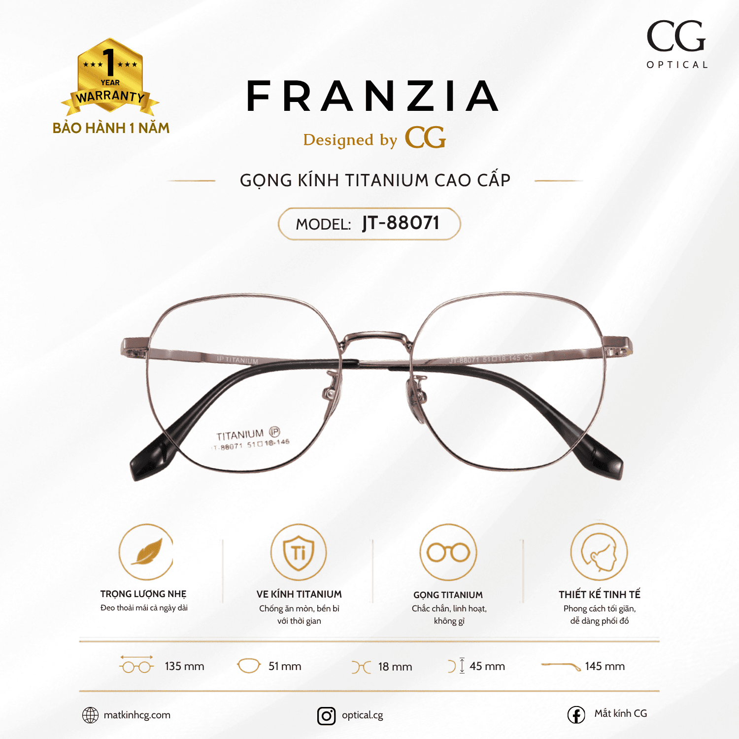 FRANZIA - Gọng kính Titanium - Unisex Thời Trang Mã JT_88071