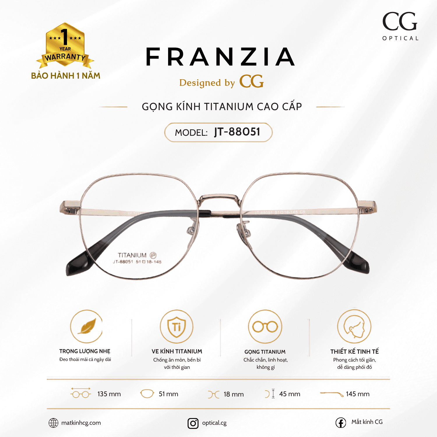 FRANZIA - Gọng kính Titanium - Thời Trang Mã JT_88051
