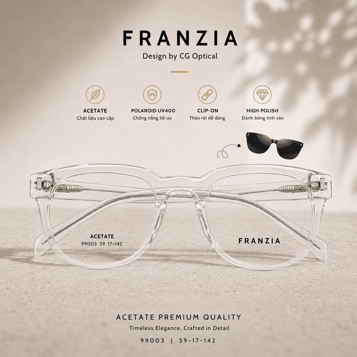 Kính Mát Clip-On FRANZIA Acetate Handmade Cao Cấp - Mã Gọng 99003