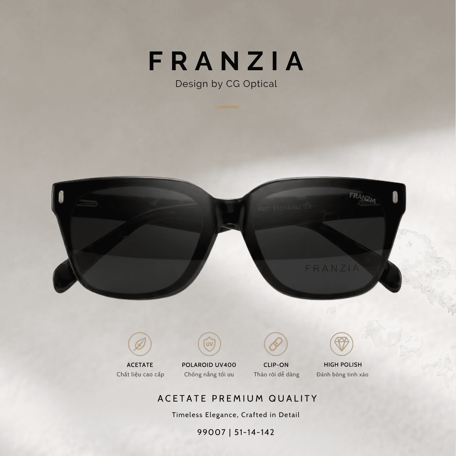 Kính Mát Clip-On FRANZIA Acetate Handmade Cao Cấp - Mã Gọng 99007
