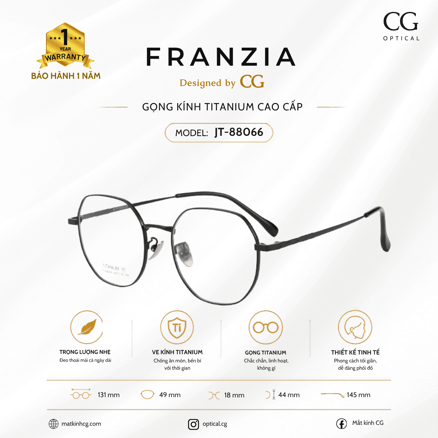 FRANZIA - Gọng kính Titanium - Unisex Thời Trang Mã JT_88066