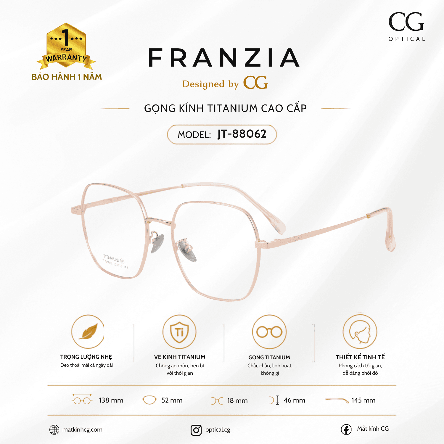 FRANZIA - Gọng kính Titanium - Thời Trang Mã JT_88062