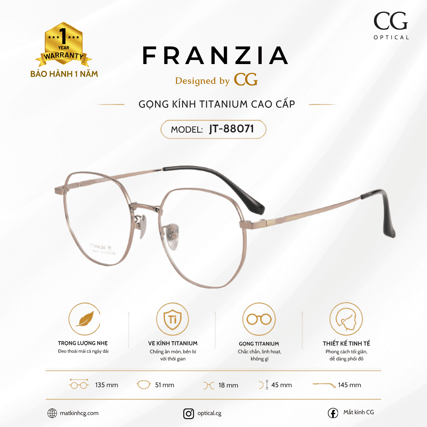 FRANZIA - Gọng kính Titanium - Unisex Thời Trang Mã JT_88071