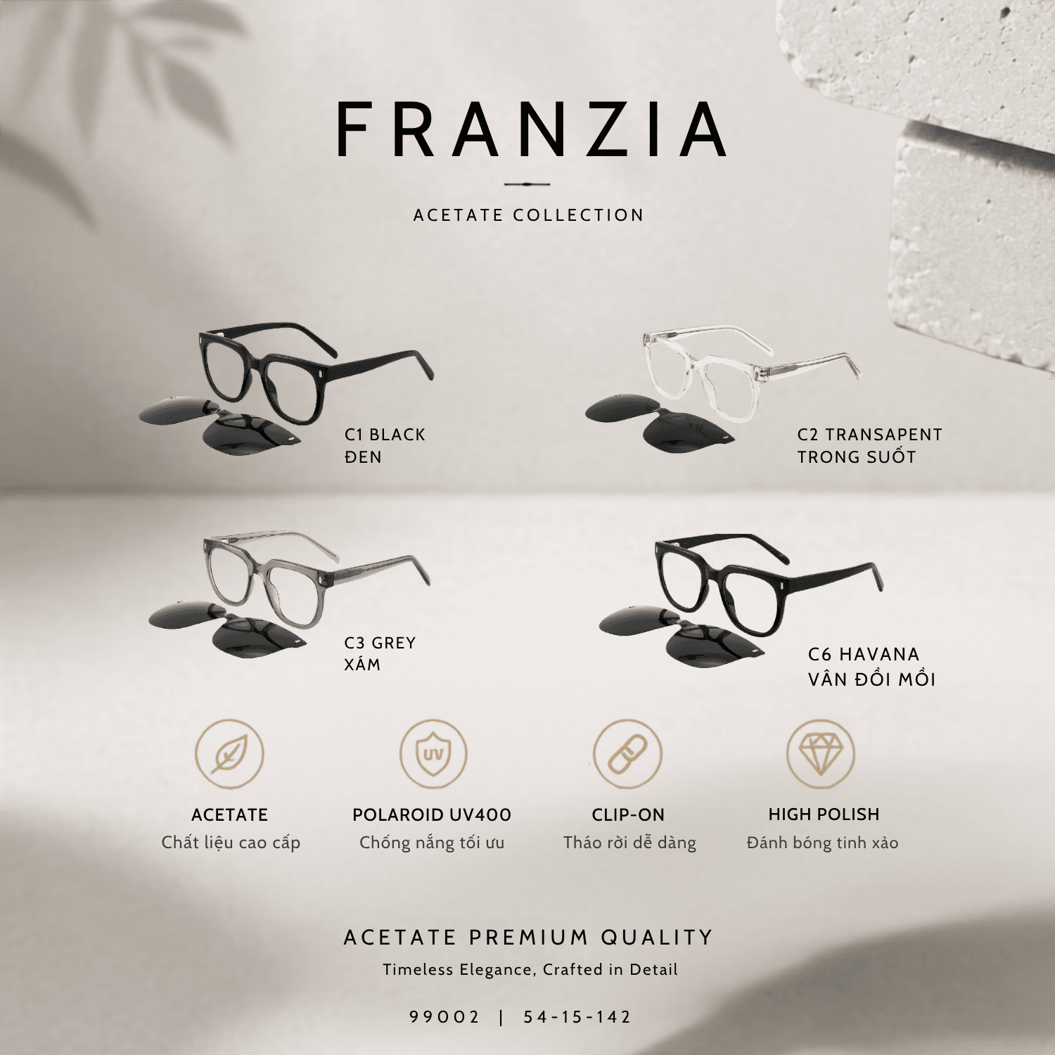 Kính Mát Clip-On FRANZIA Acetate Handmade Cao Cấp - Mã Gọng 99002