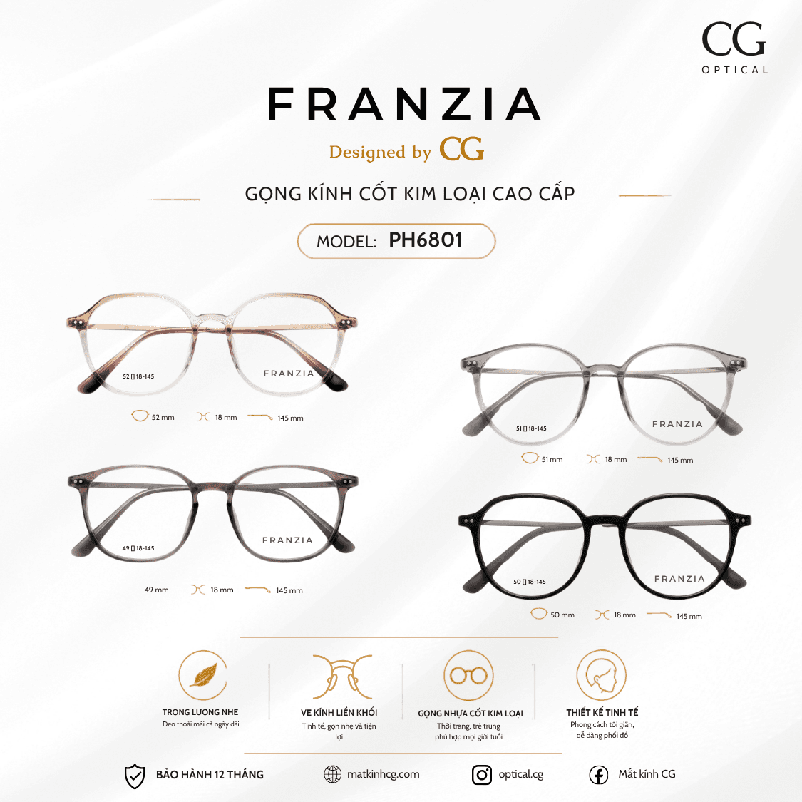 FRANZIA - Gọng kính Kim Loại Cao Cấp - Mã PH6801