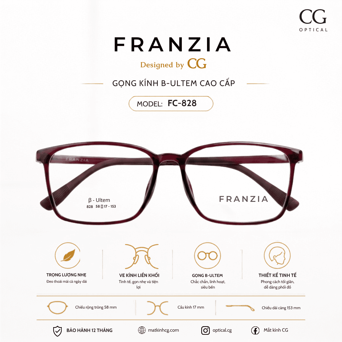 FRANZIA - Gọng kính B-Ultem Cao Cấp - Mã FC828