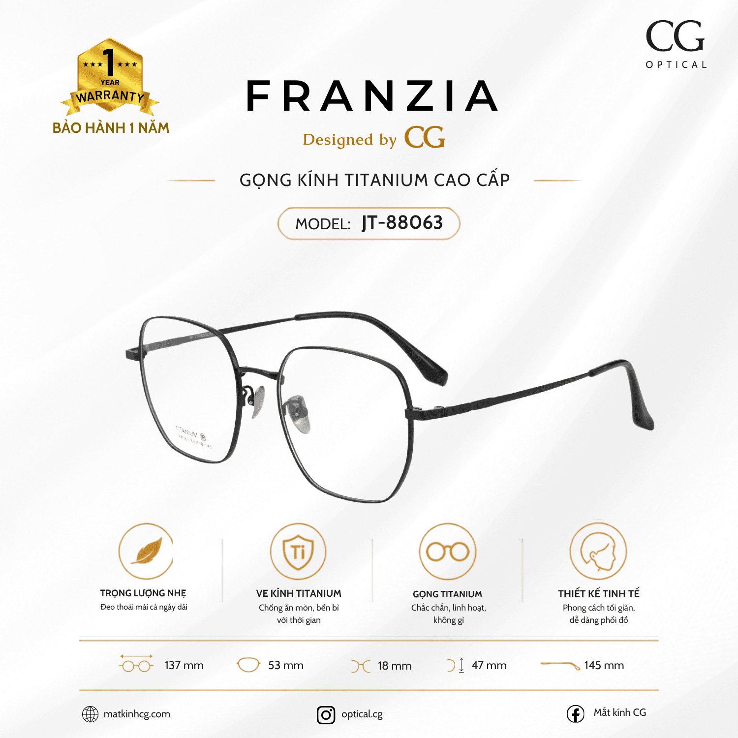 FRANZIA - Gọng kính Titanium - Unisex Thời Trang Mã JT_88063
