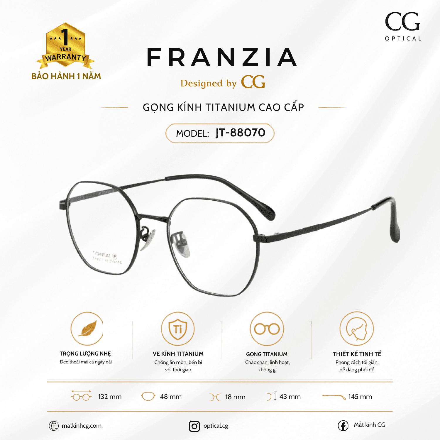 FRANZIA - Gọng kính Titanium - Nữ Thời Trang Mã JT_88070