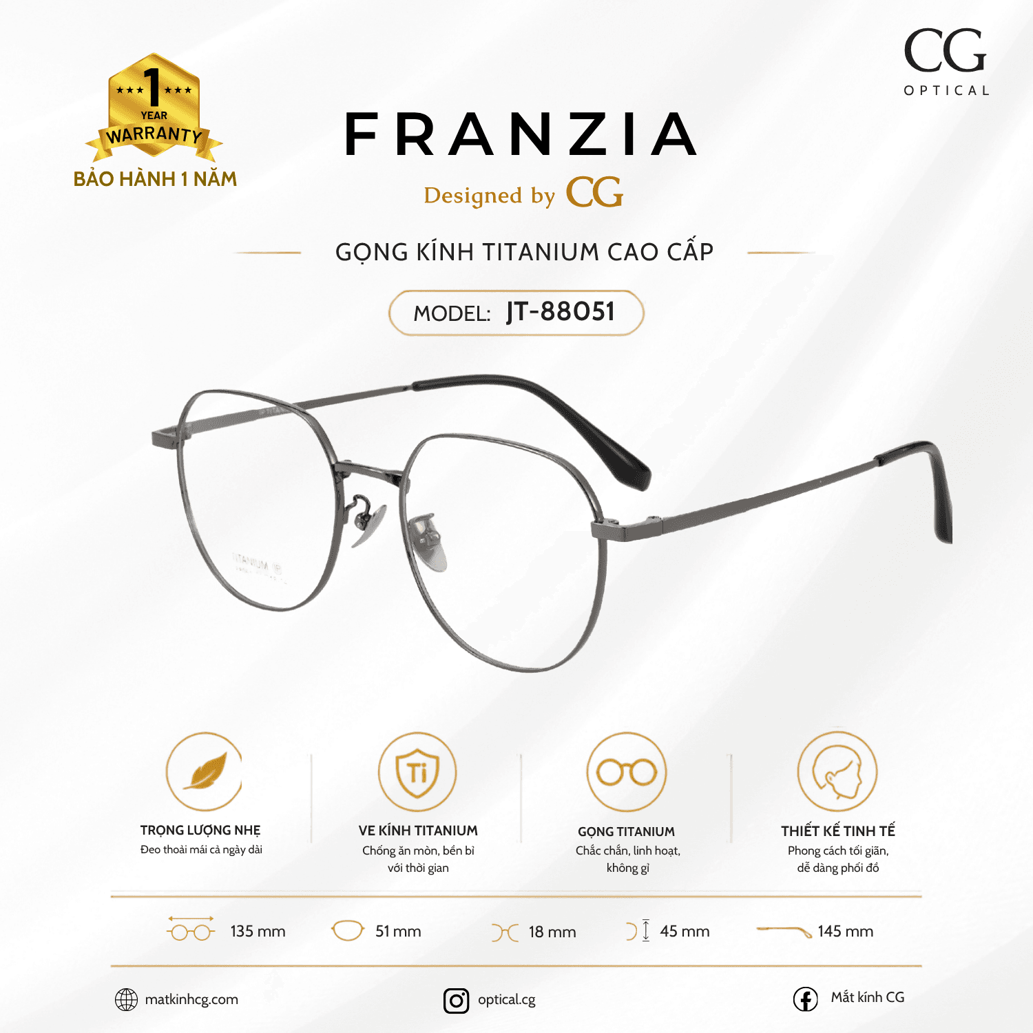 FRANZIA - Gọng kính Titanium - Thời Trang Mã JT_88051