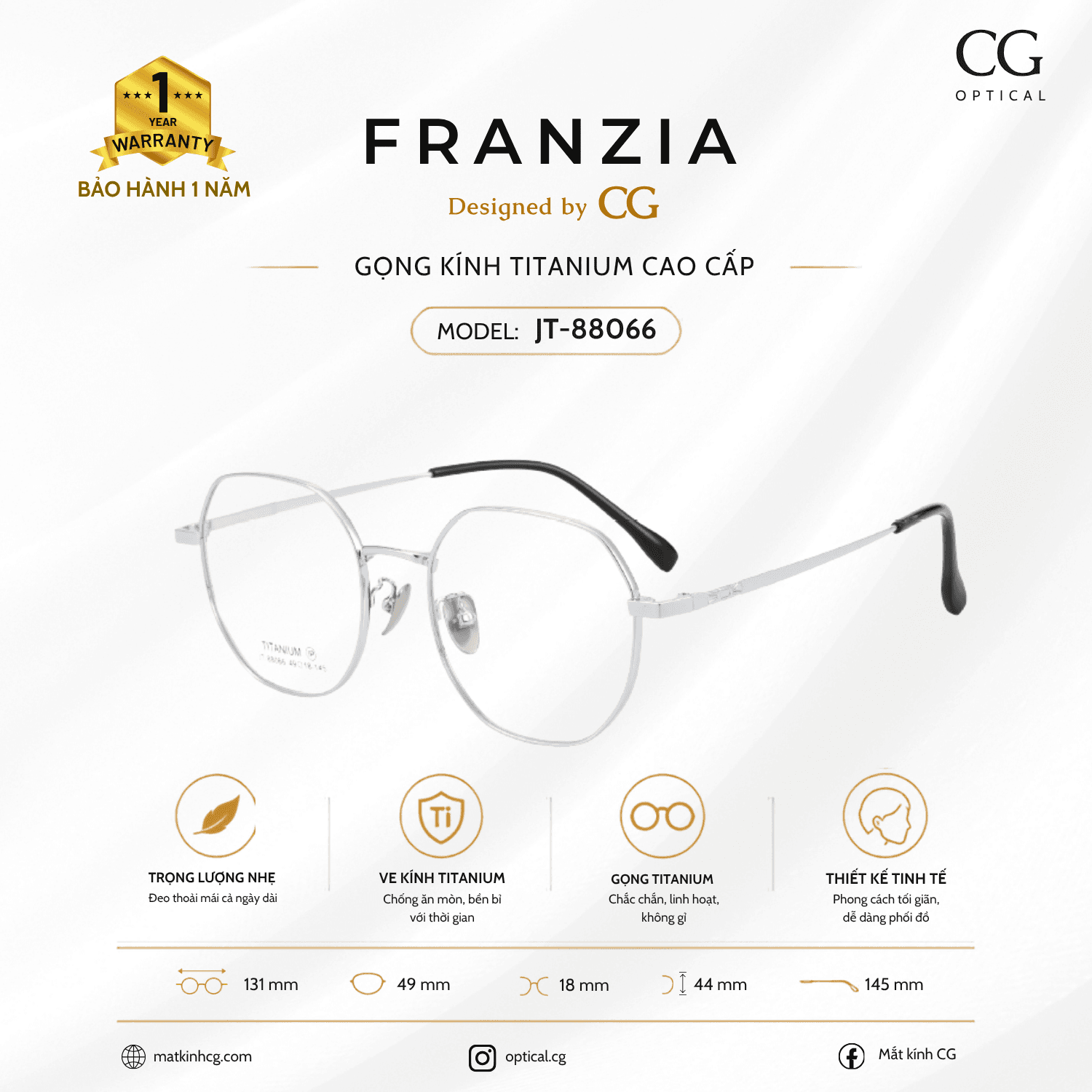 FRANZIA - Gọng kính Titanium - Unisex Thời Trang Mã JT_88066