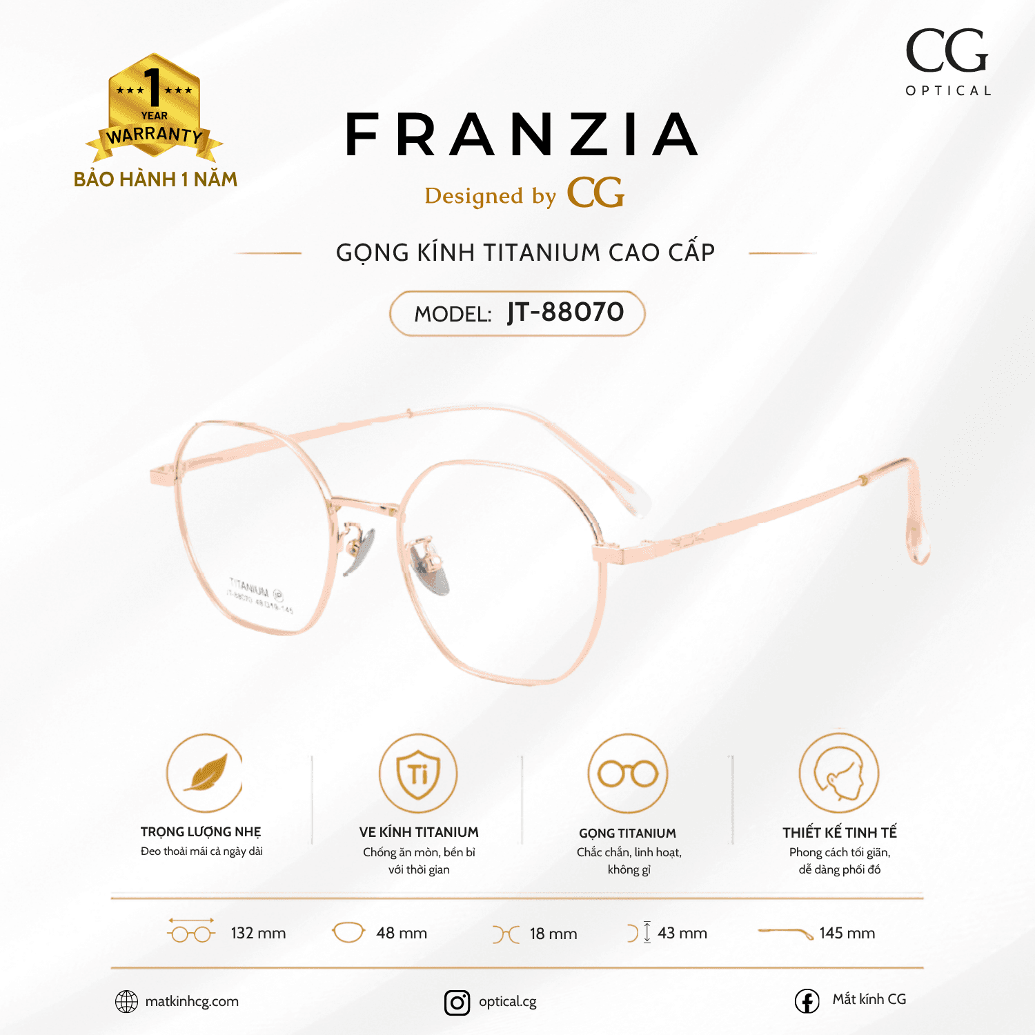 FRANZIA - Gọng kính Titanium - Nữ Thời Trang Mã JT_88070