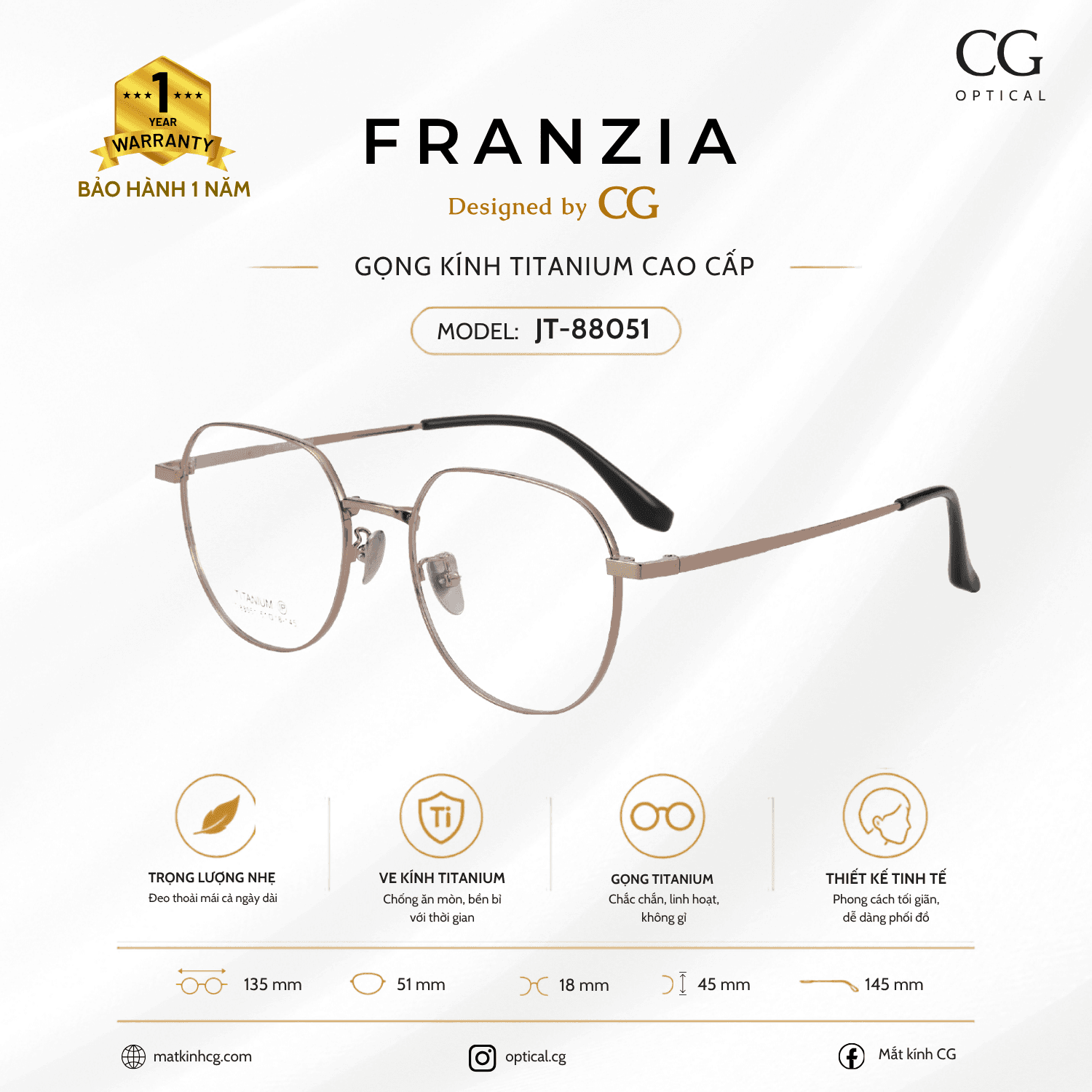 FRANZIA - Gọng kính Titanium - Thời Trang Mã JT_88051
