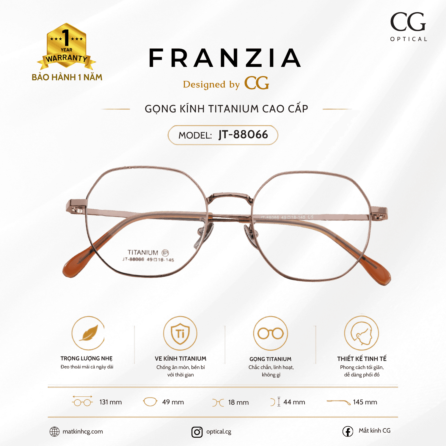 FRANZIA - Gọng kính Titanium - Unisex Thời Trang Mã JT_88066