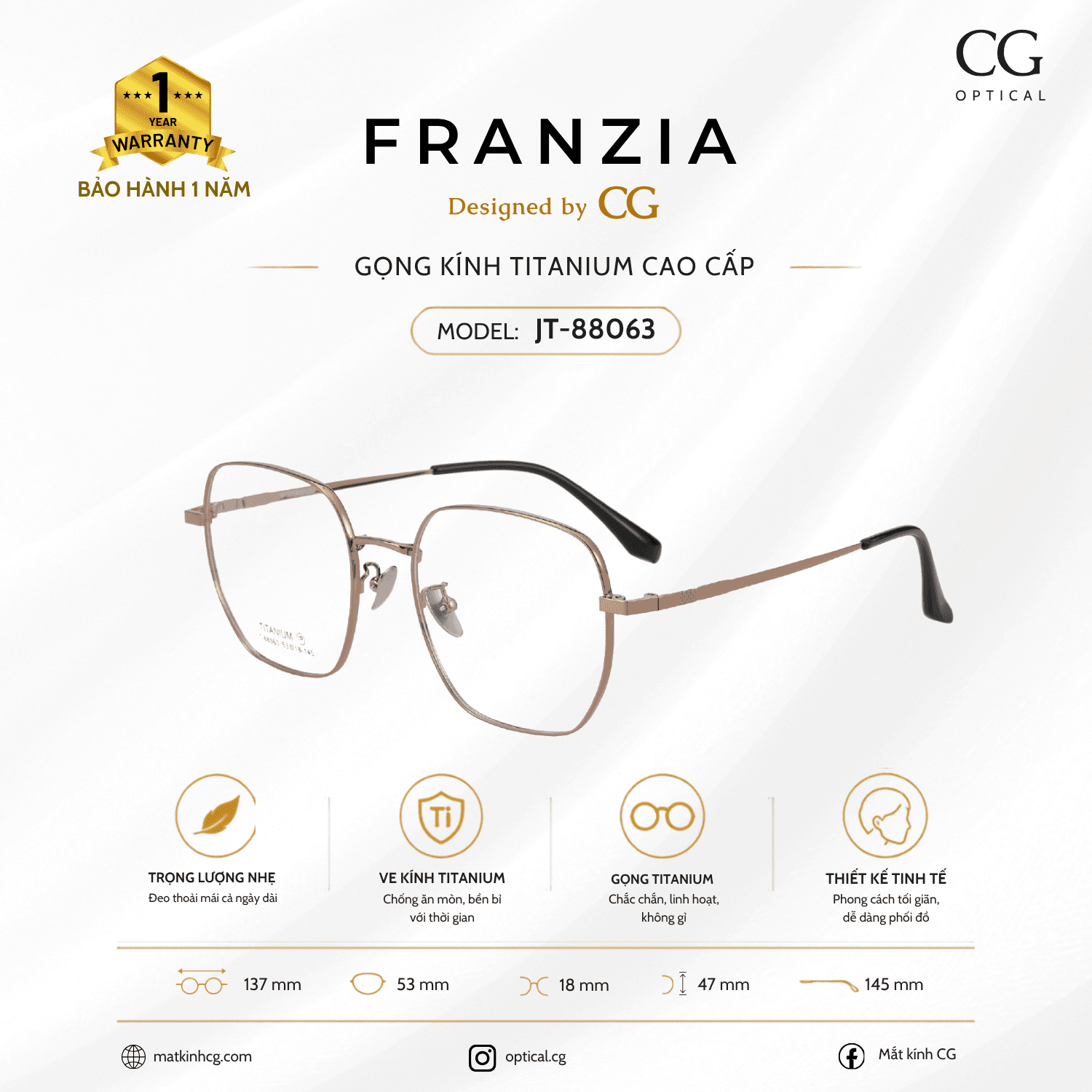 FRANZIA - Gọng kính Titanium - Unisex Thời Trang Mã JT_88063
