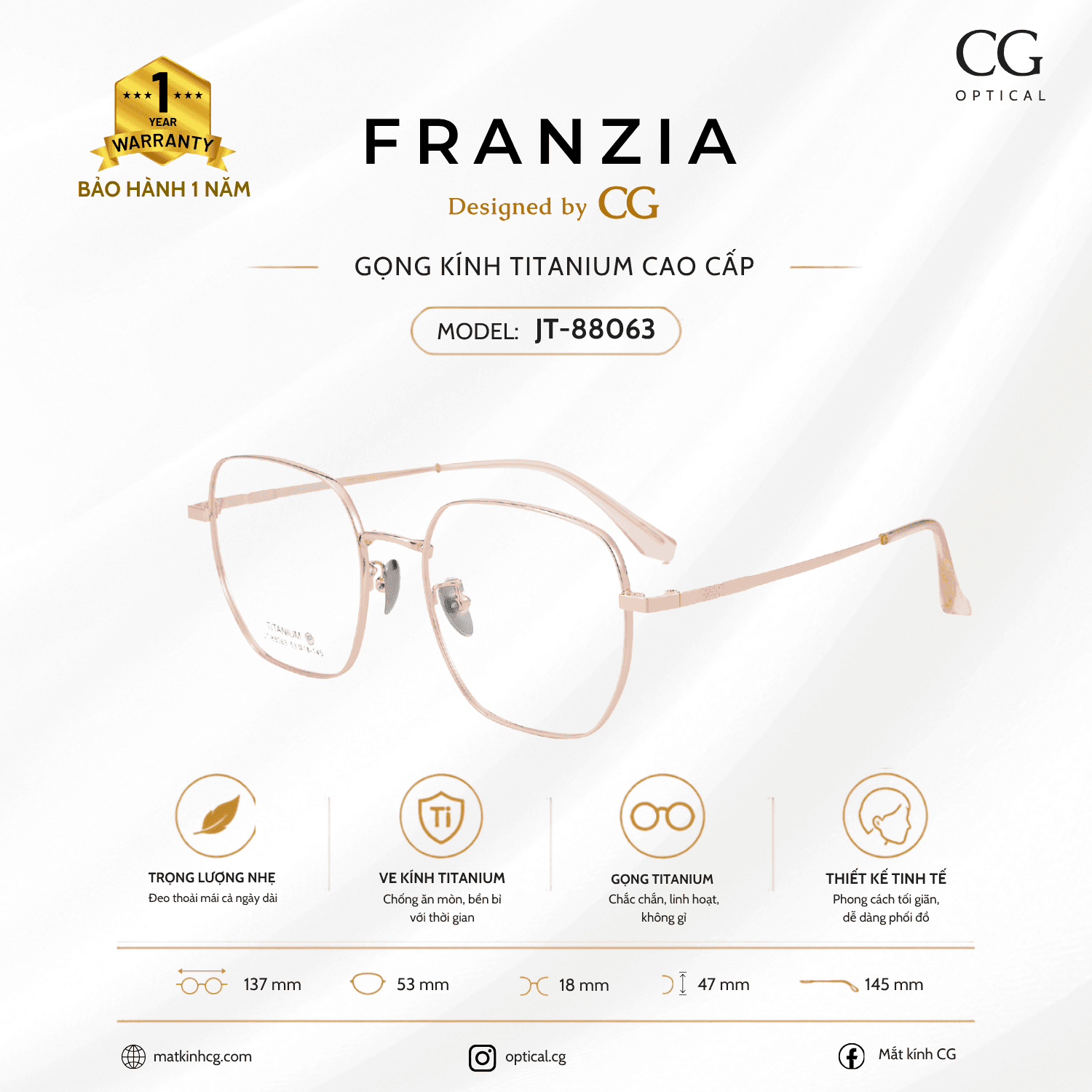 FRANZIA - Gọng kính Titanium - Unisex Thời Trang Mã JT_88063