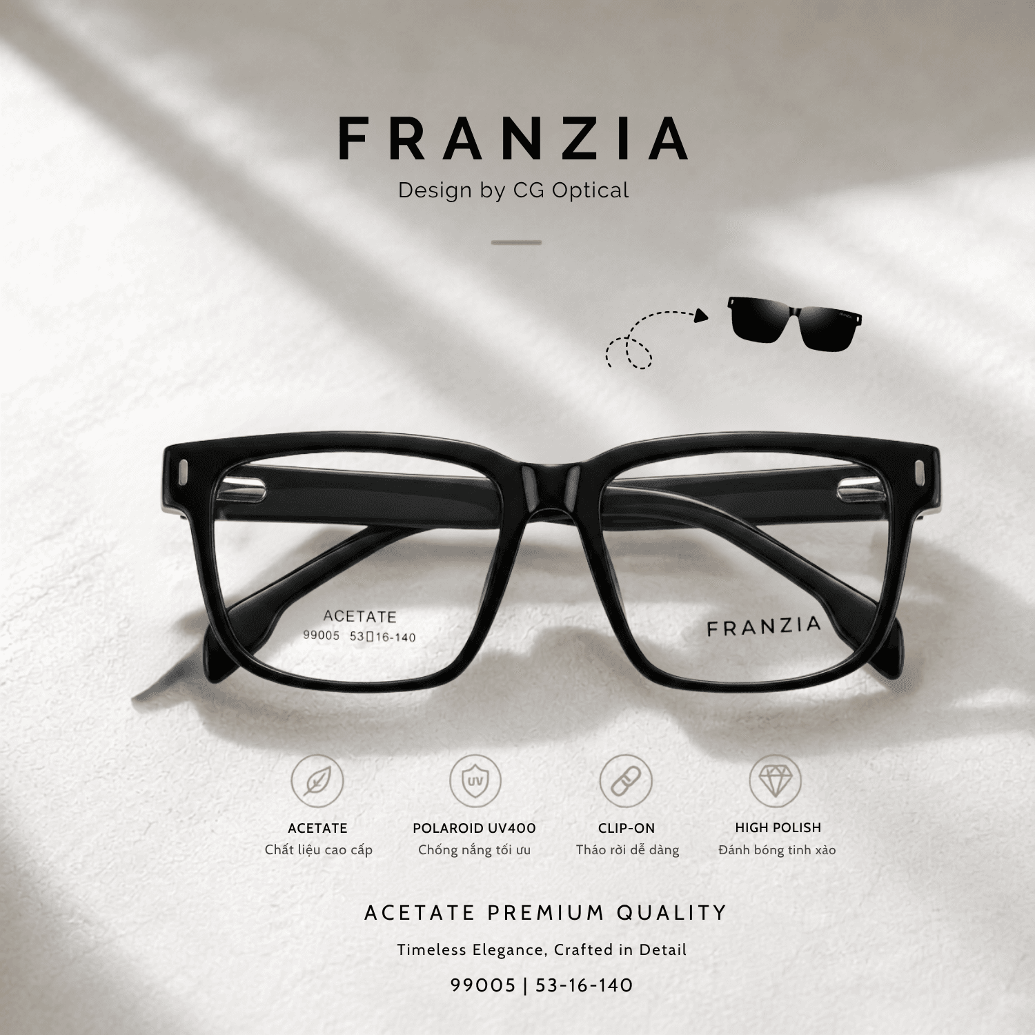 Kính Mát Clip-On FRANZIA Acetate Handmade Cao Cấp - Mã Gọng 99004