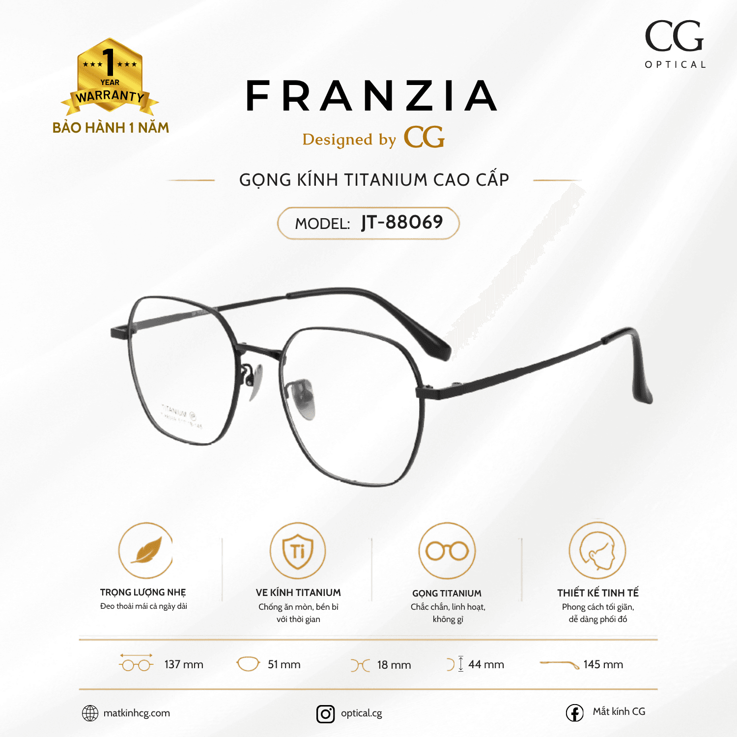 FRANZIA - Gọng kính Titanium - Unisex Thời Trang Mã JT_88069