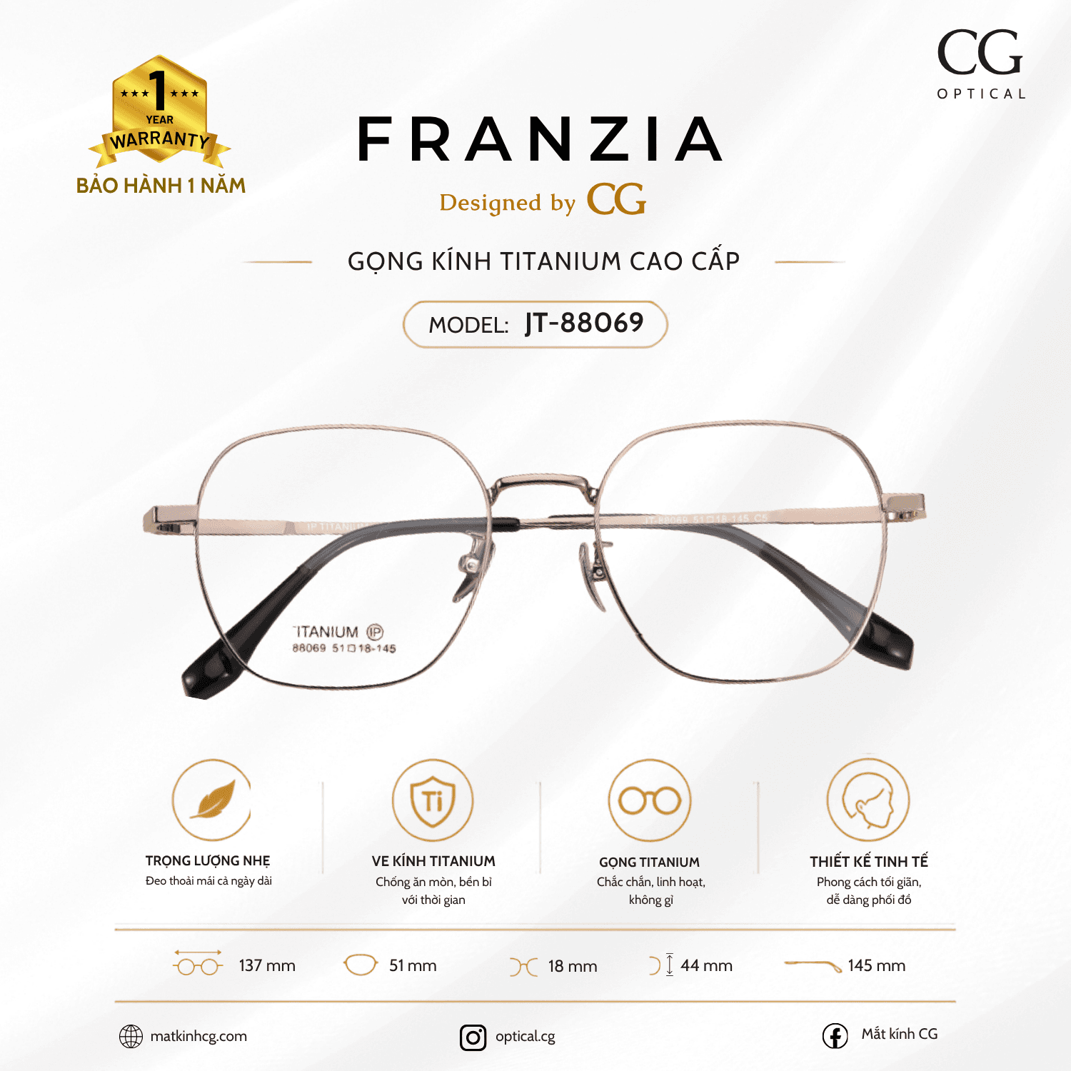 FRANZIA - Gọng kính Titanium - Unisex Thời Trang Mã JT_88069
