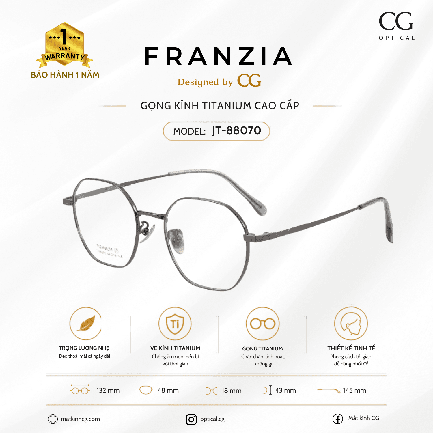 FRANZIA - Gọng kính Titanium - Nữ Thời Trang Mã JT_88070