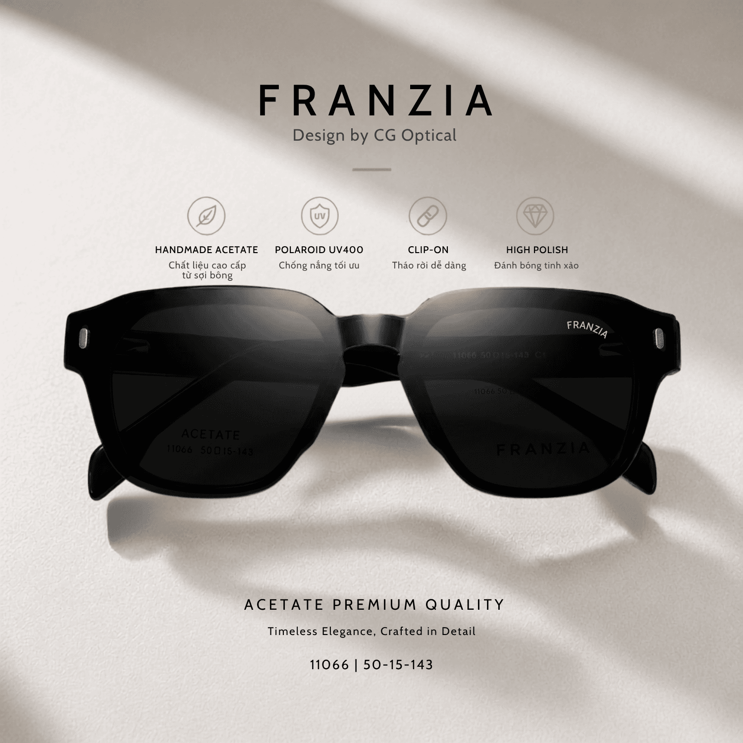 Kính Mát Clip-On FRANZIA Acetate Handmade Cao Cấp - Mã Gọng 11066 