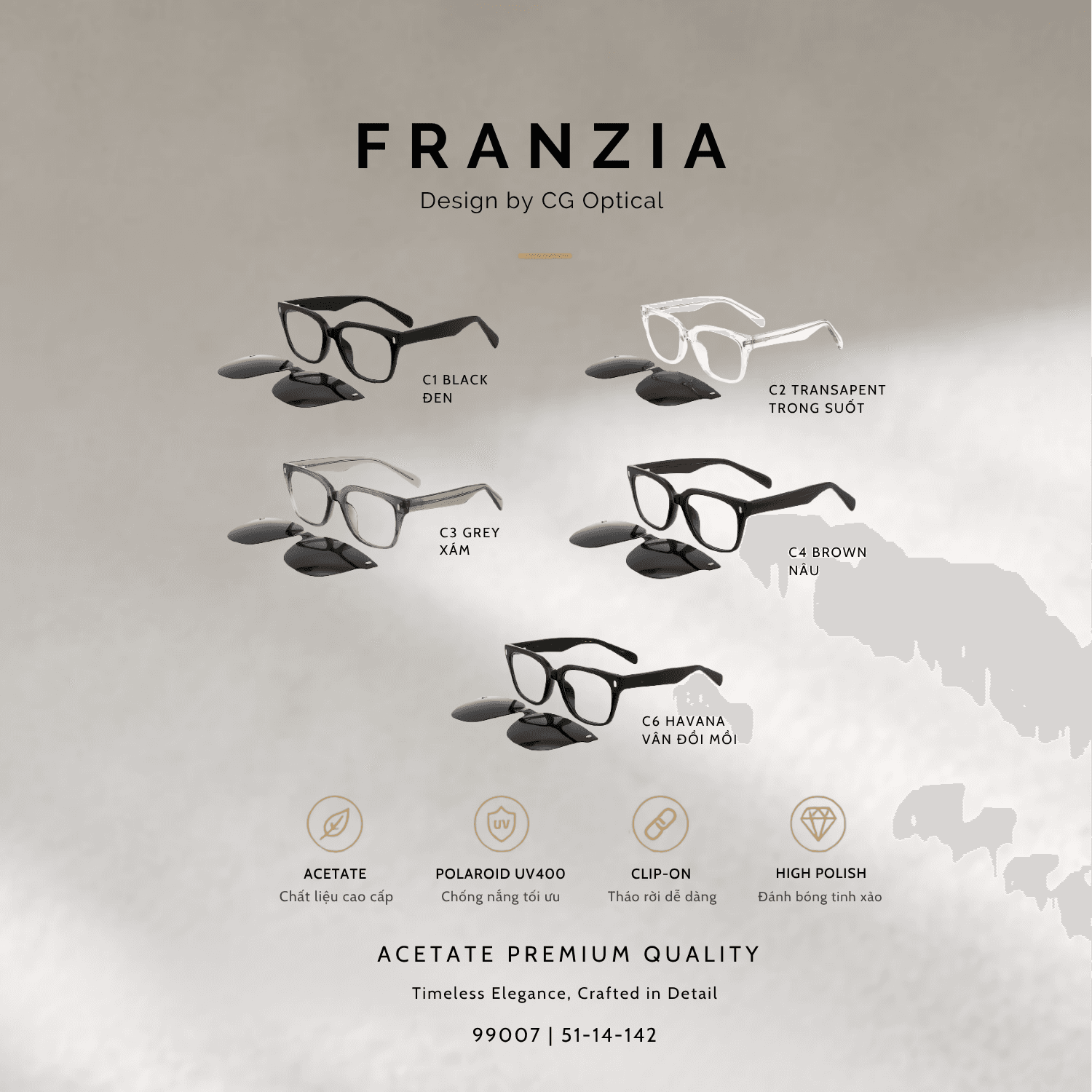 Kính Mát Clip-On FRANZIA Acetate Handmade Cao Cấp - Mã Gọng 99007