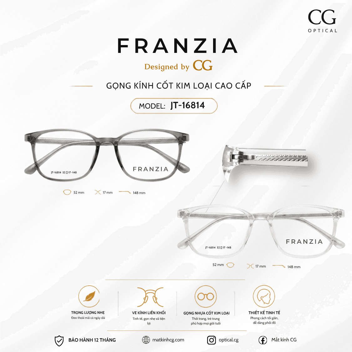 FRANZIA - Gọng Cốt Kim Loại Cao Cấp - Mã JT-16814