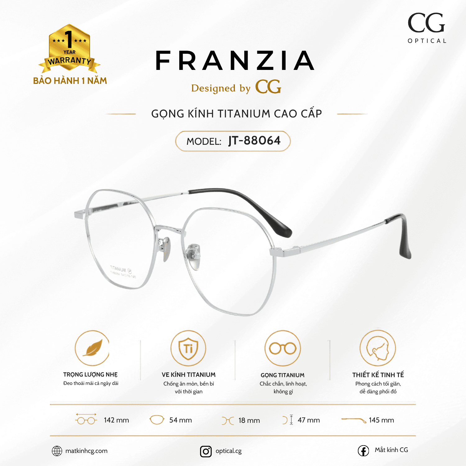 FRANZIA - Gọng kính Titanium - Unisex Thời Trang Mã JT_88064