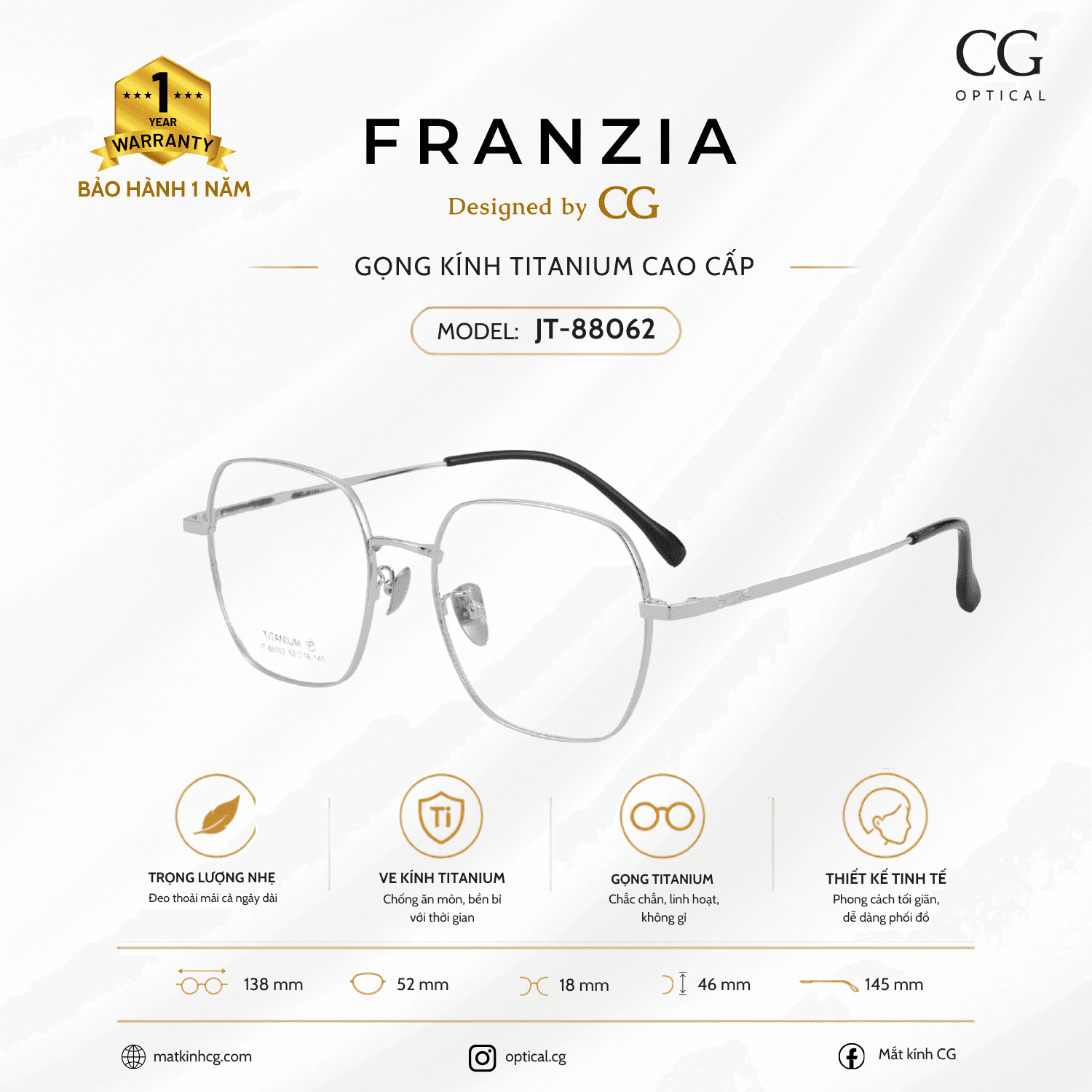 FRANZIA - Gọng kính Titanium - Thời Trang Mã JT_88062