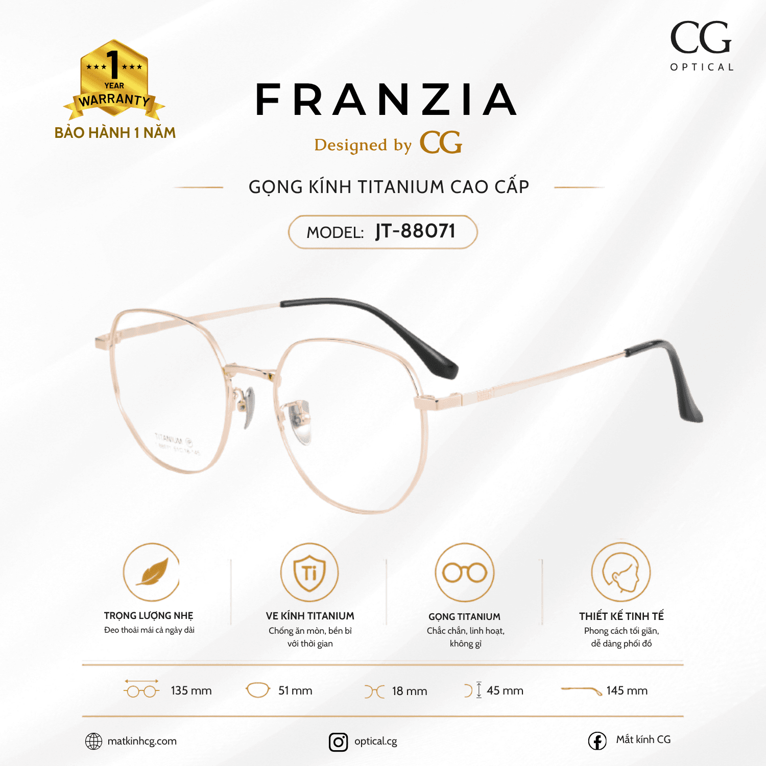 FRANZIA - Gọng kính Titanium - Unisex Thời Trang Mã JT_88071