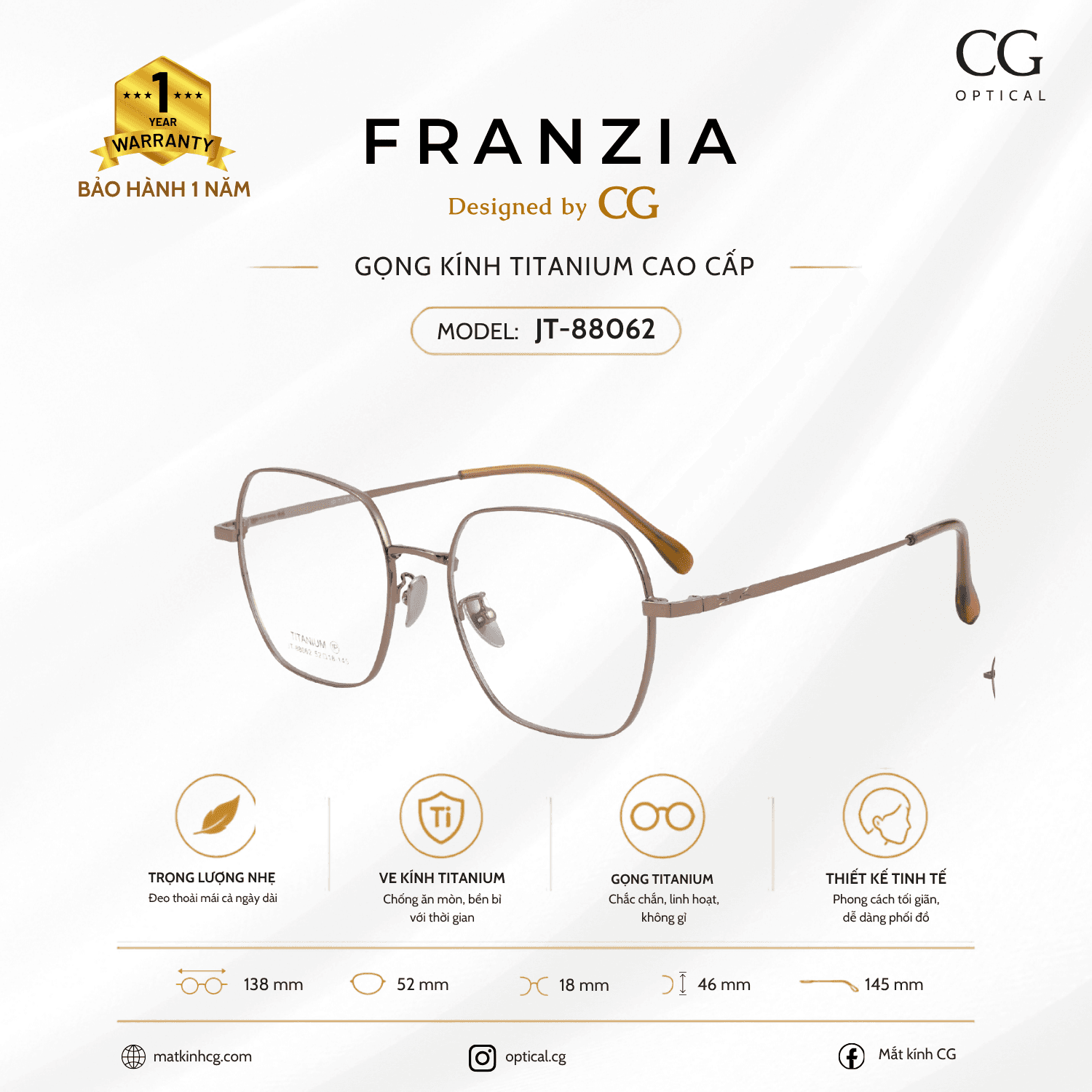 FRANZIA - Gọng kính Titanium - Thời Trang Mã JT_88062