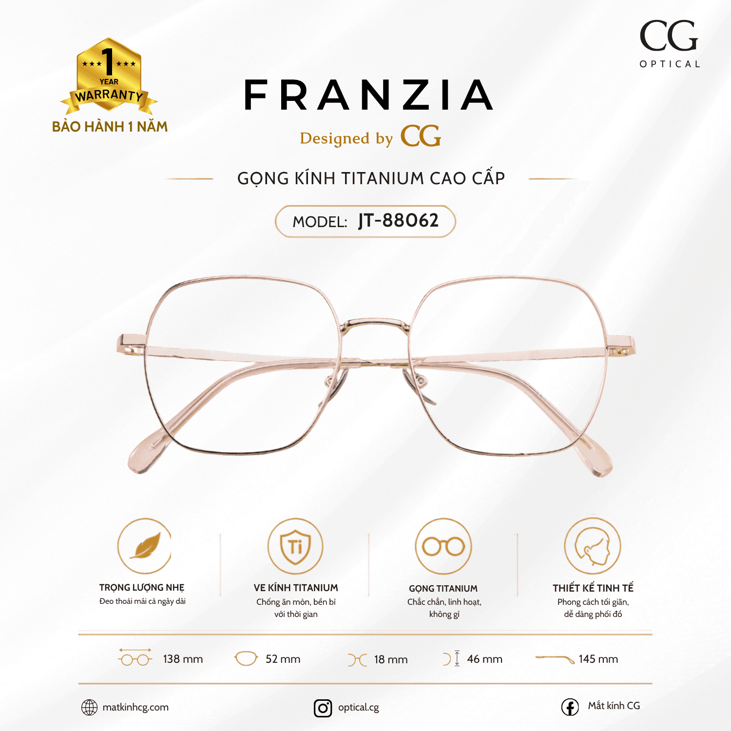 FRANZIA - Gọng kính Titanium - Thời Trang Mã JT_88062