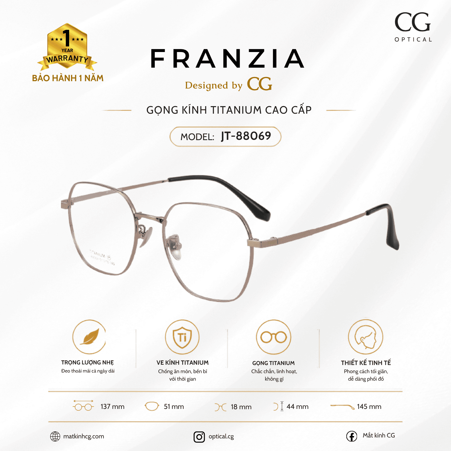 FRANZIA - Gọng kính Titanium - Unisex Thời Trang Mã JT_88069