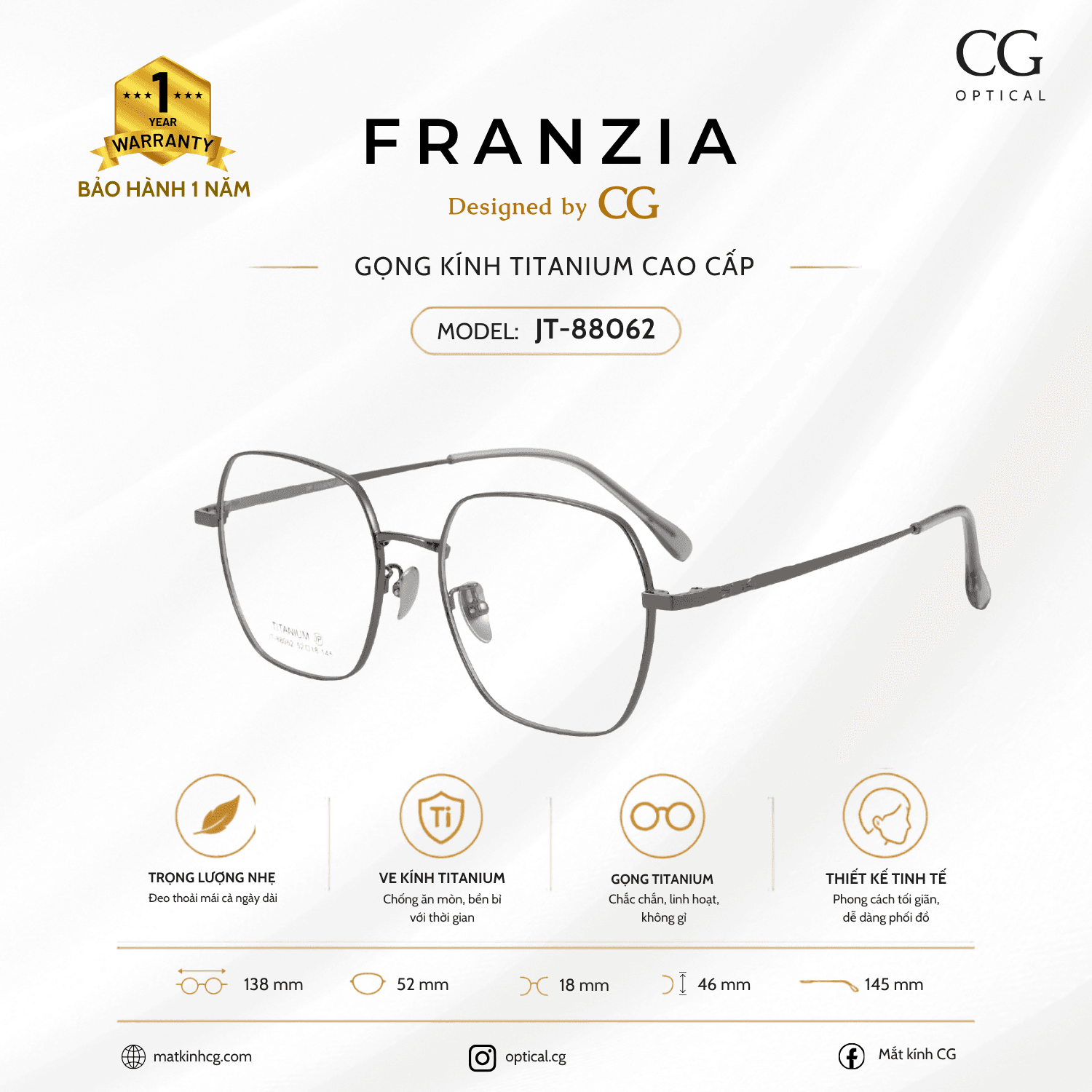 FRANZIA - Gọng kính Titanium - Thời Trang Mã JT_88062
