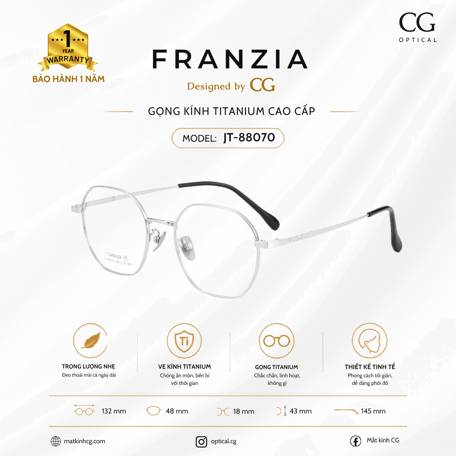 FRANZIA - Gọng kính Titanium - Nữ Thời Trang Mã JT_88070