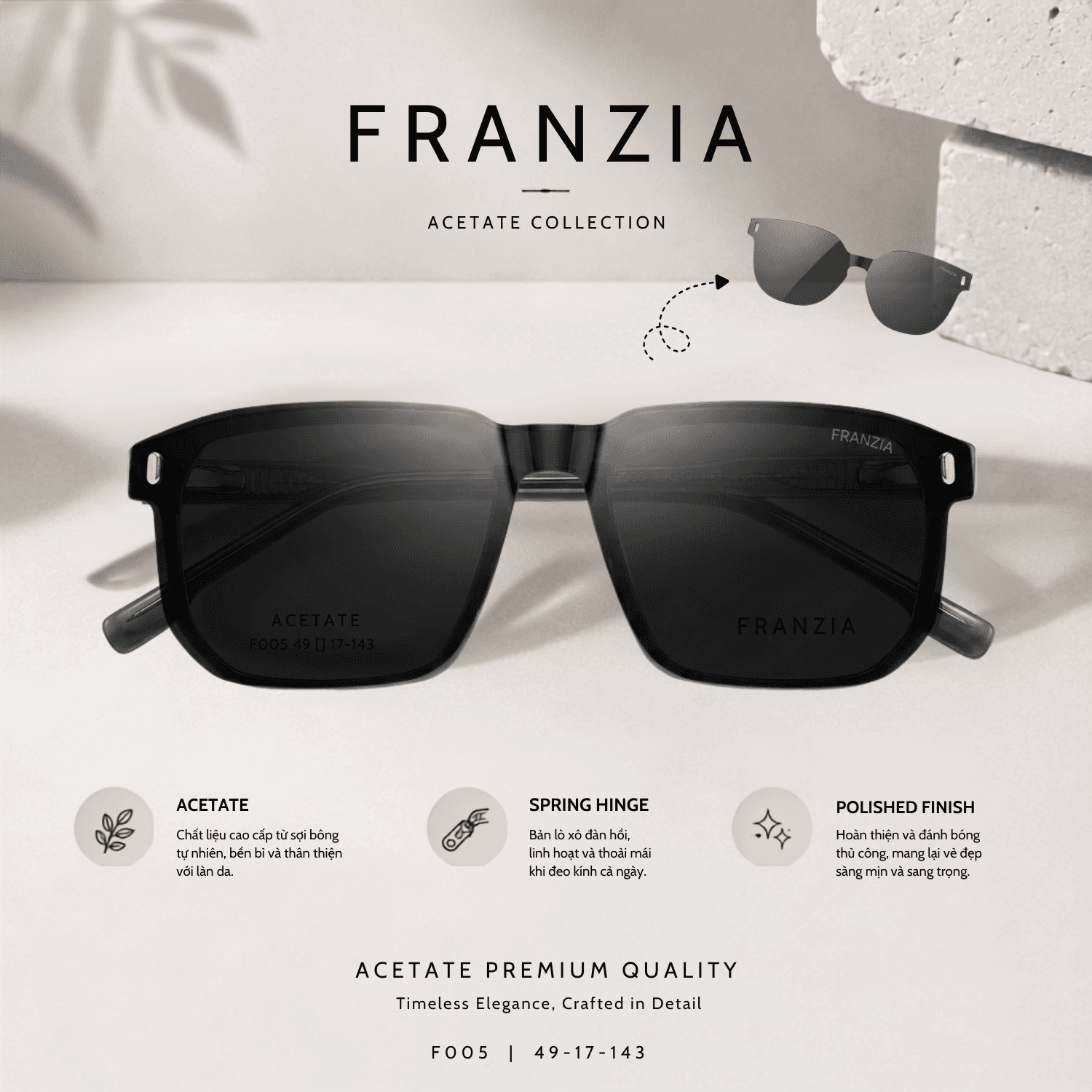Kính Mát Clip-On FRANZIA Acetate Handmade Cao Cấp - Mã Gọng F005