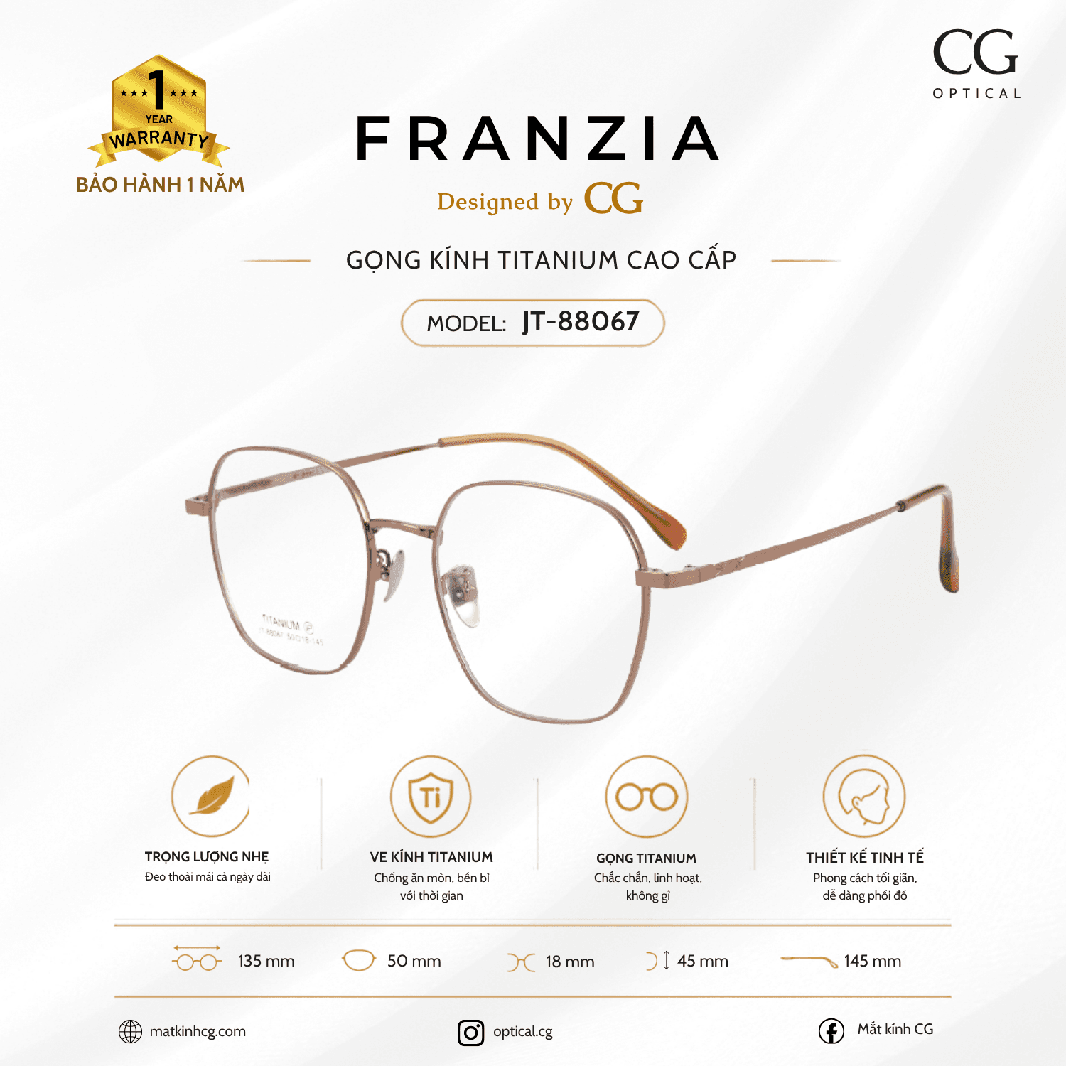 FRANZIA - Gọng kính Titanium - Unisex Thời Trang Mã JT_88067