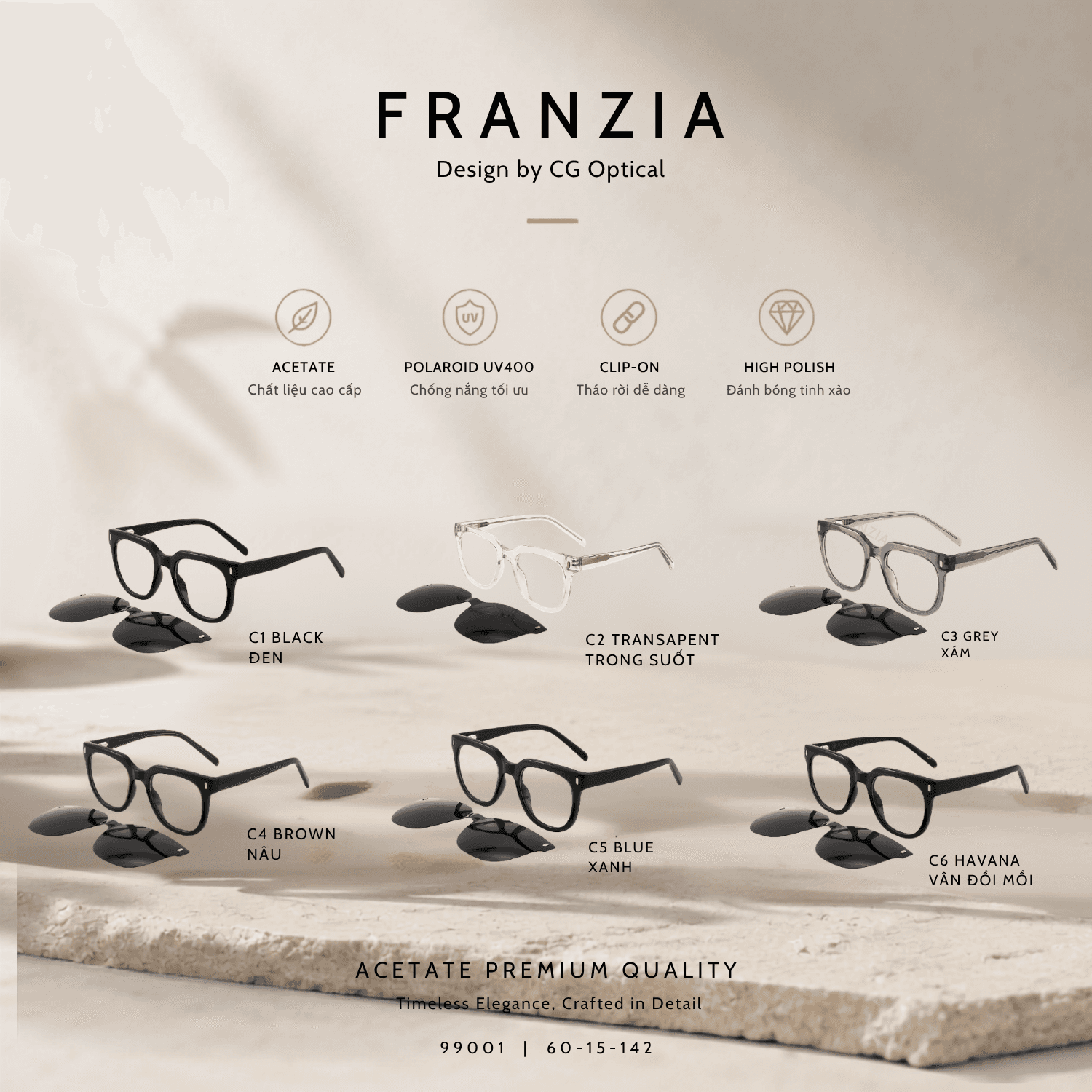 Kính Mát Clip-On FRANZIA Acetate Handmade Cao Cấp - Mã Gọng 99001