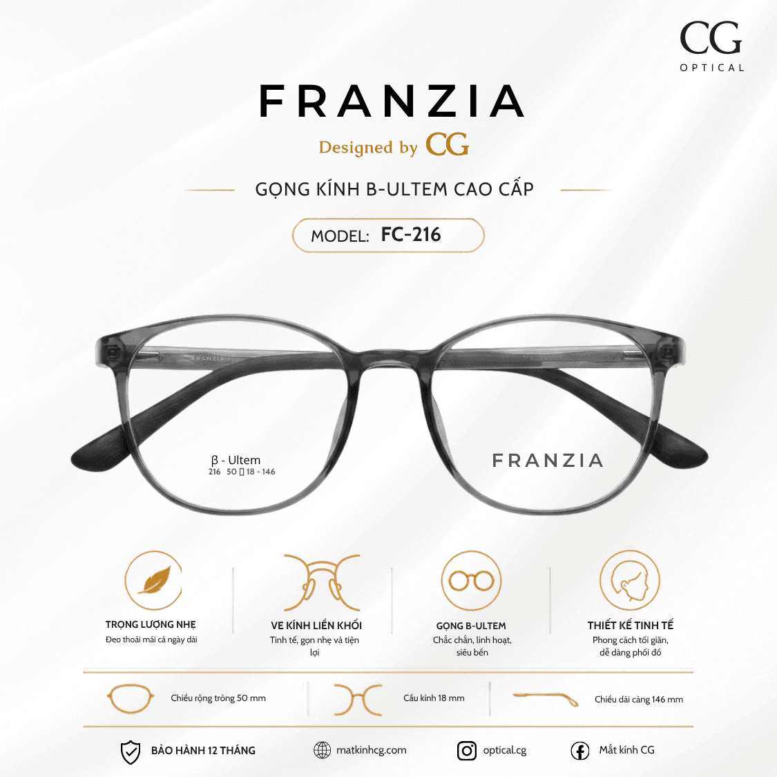 FRANZIA - Gọng kính B-Ultem Cao Cấp - Mã FC216
